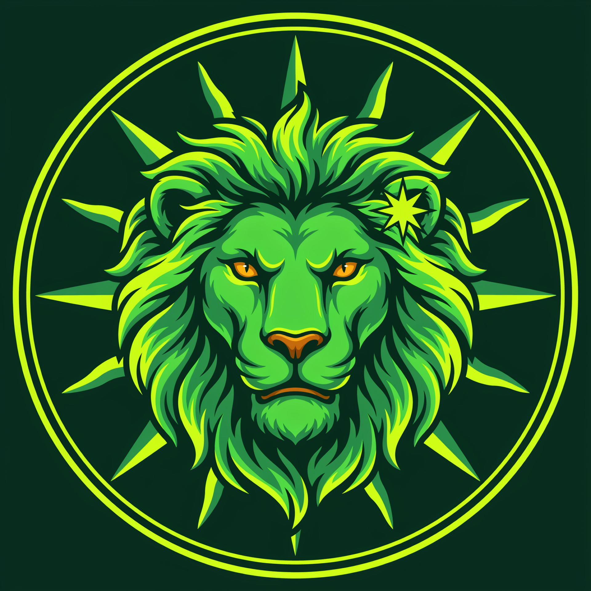Vivid green lion head with sunburst mane and a small star emblem — Leo (astrology) forum avatar/pfp.