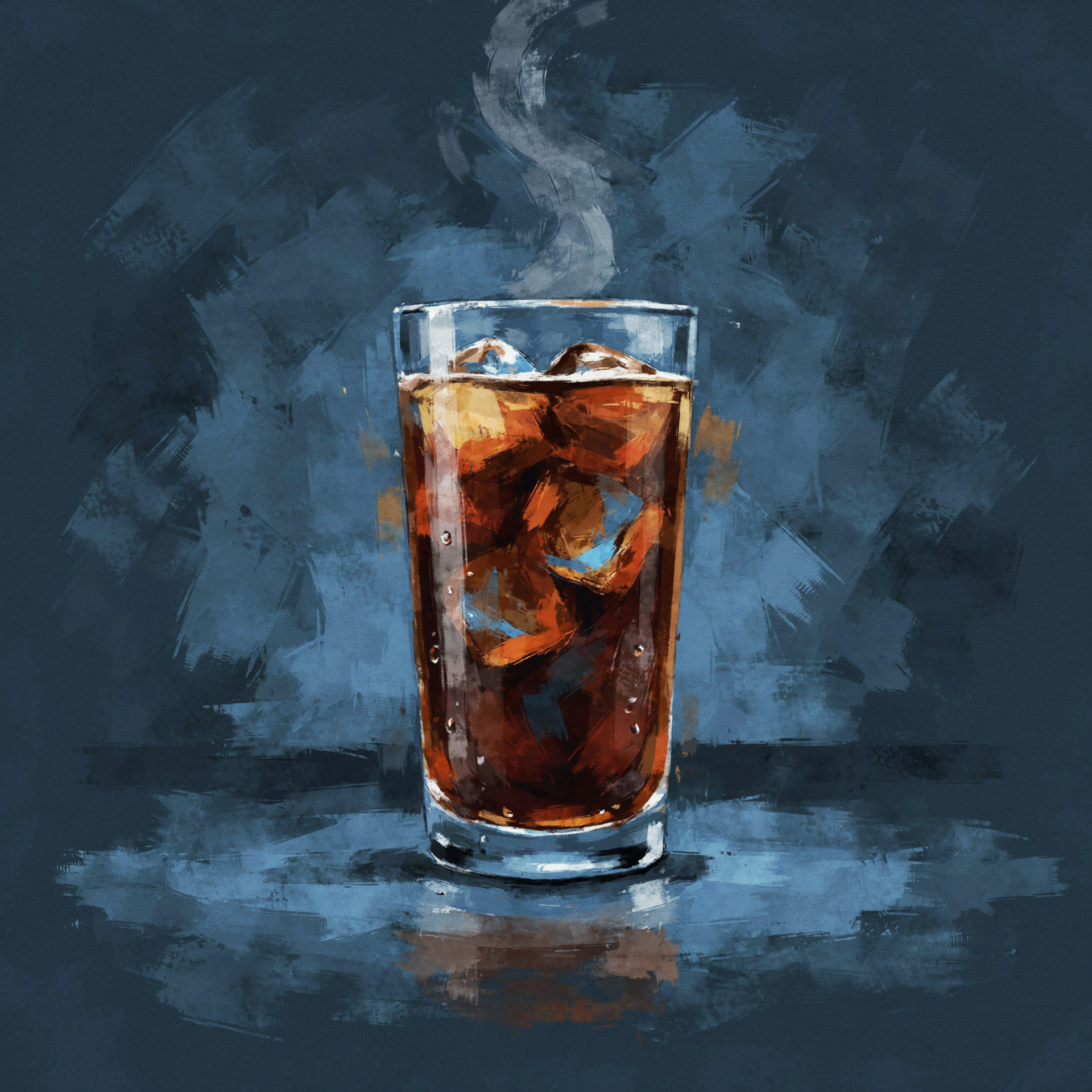 Forum avatar/pfp: stylized glass of cold brew/cola soda with ice, painted on a textured blue background.