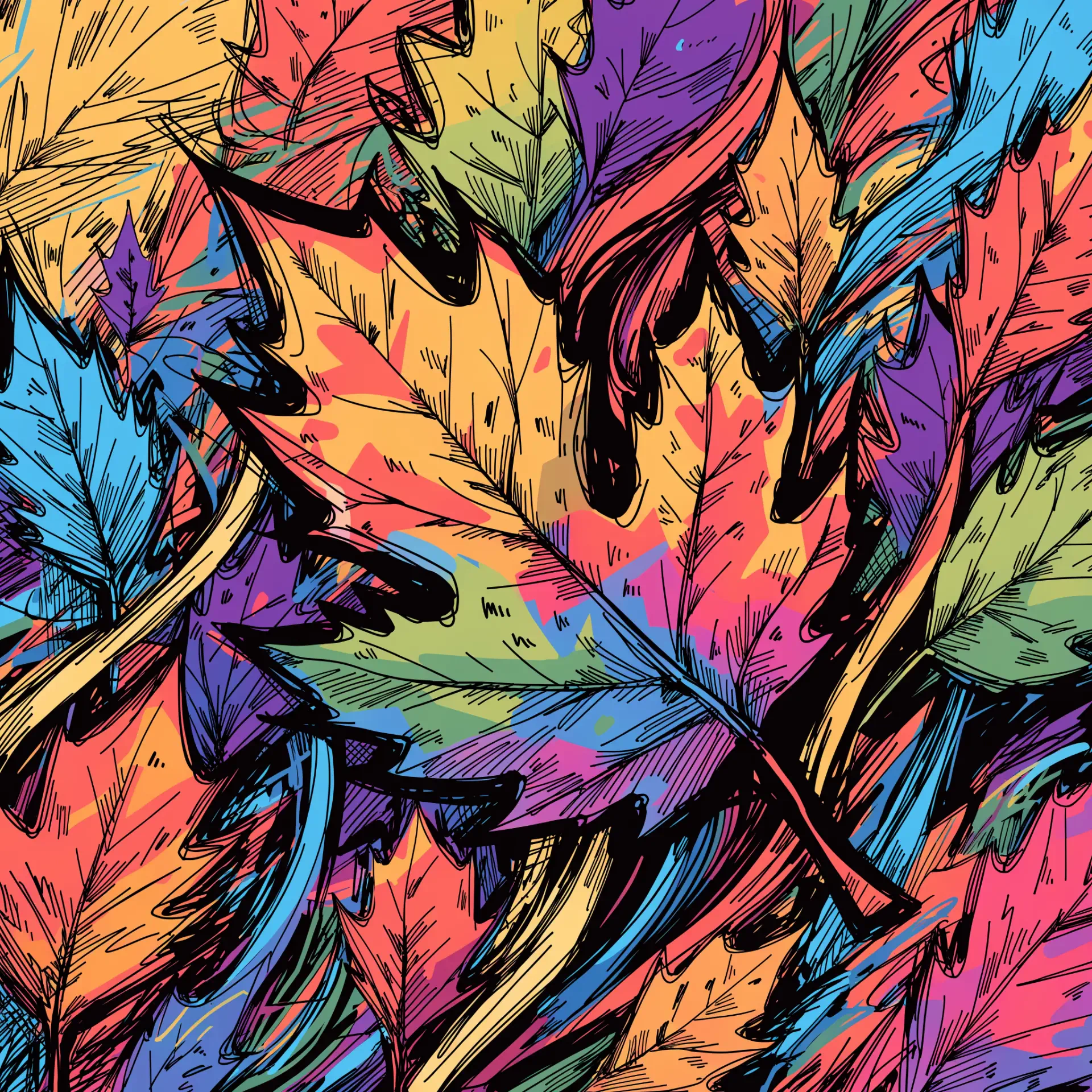 Stylized autumn maple-leaf pattern in vivid neon colors with bold black outlines, a colorful fall leaf design used as a forum avatar/pfp.