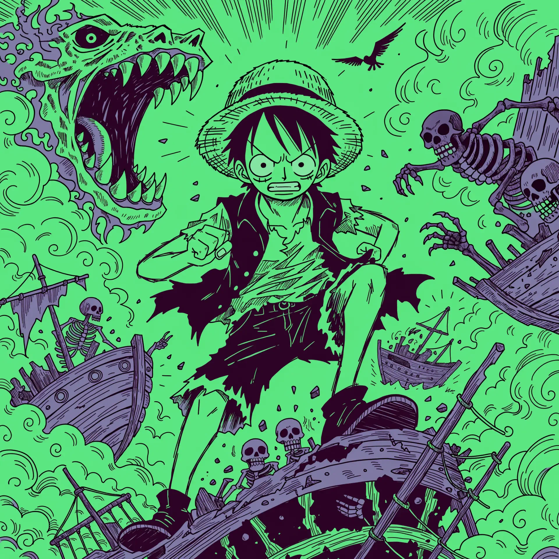 Neon-green anime/manga forum avatar: One Piece pirate Luffy in his straw hat, glaring amid shipwrecks, skeletons and a looming monstrous sea creature.