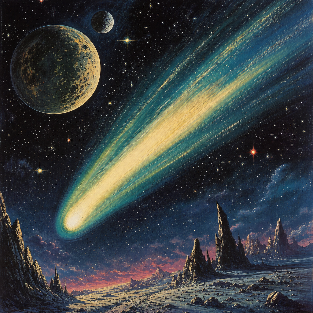Forum avatar of a bright comet streaking through space over a rocky alien surface, with a distant planet and moon set against a star-filled sky.