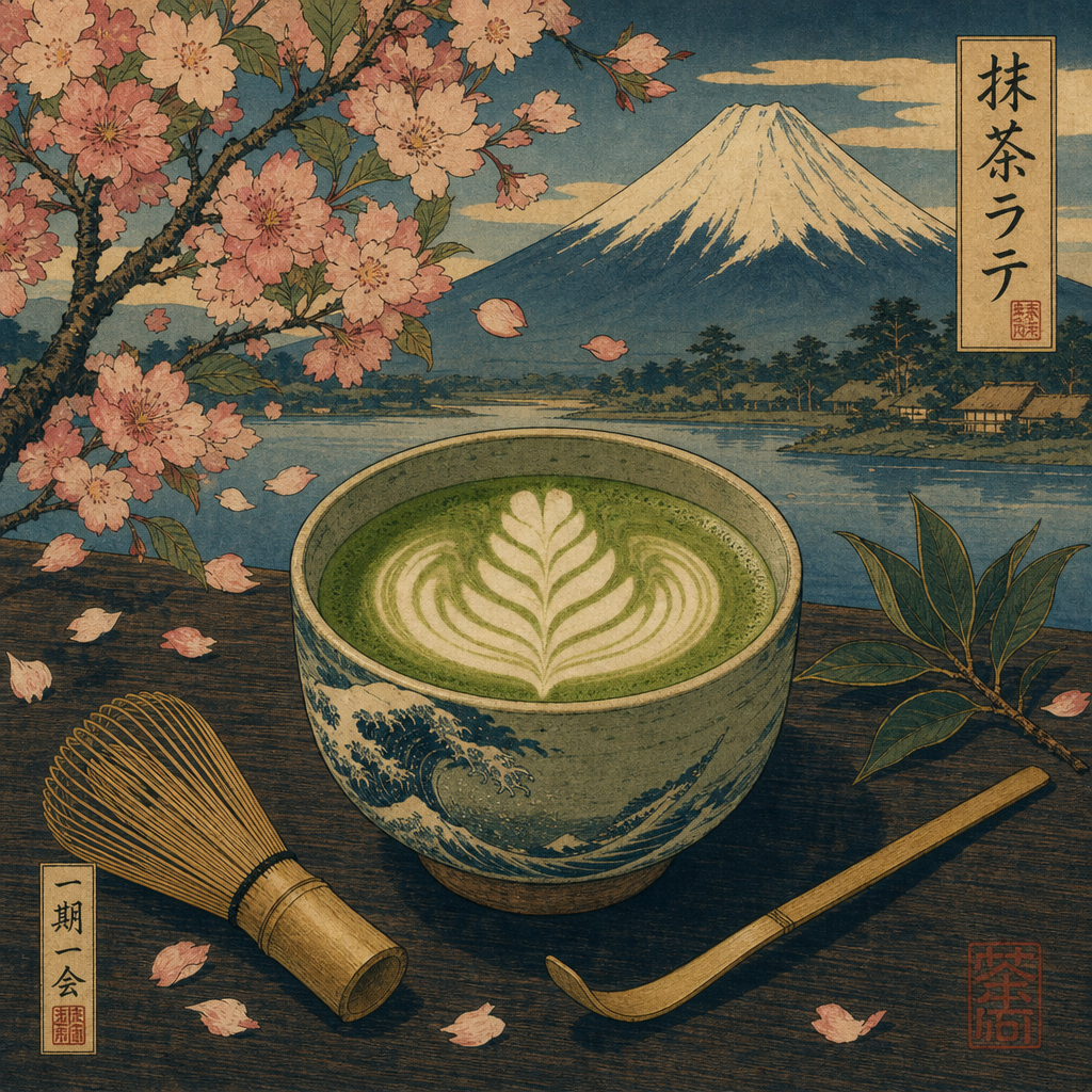 PFP showing a matcha green tea latte with latte art in a traditional cup, bamboo whisk and scoop, cherry blossoms and Mount Fuji in a vintage Japanese woodblock style.