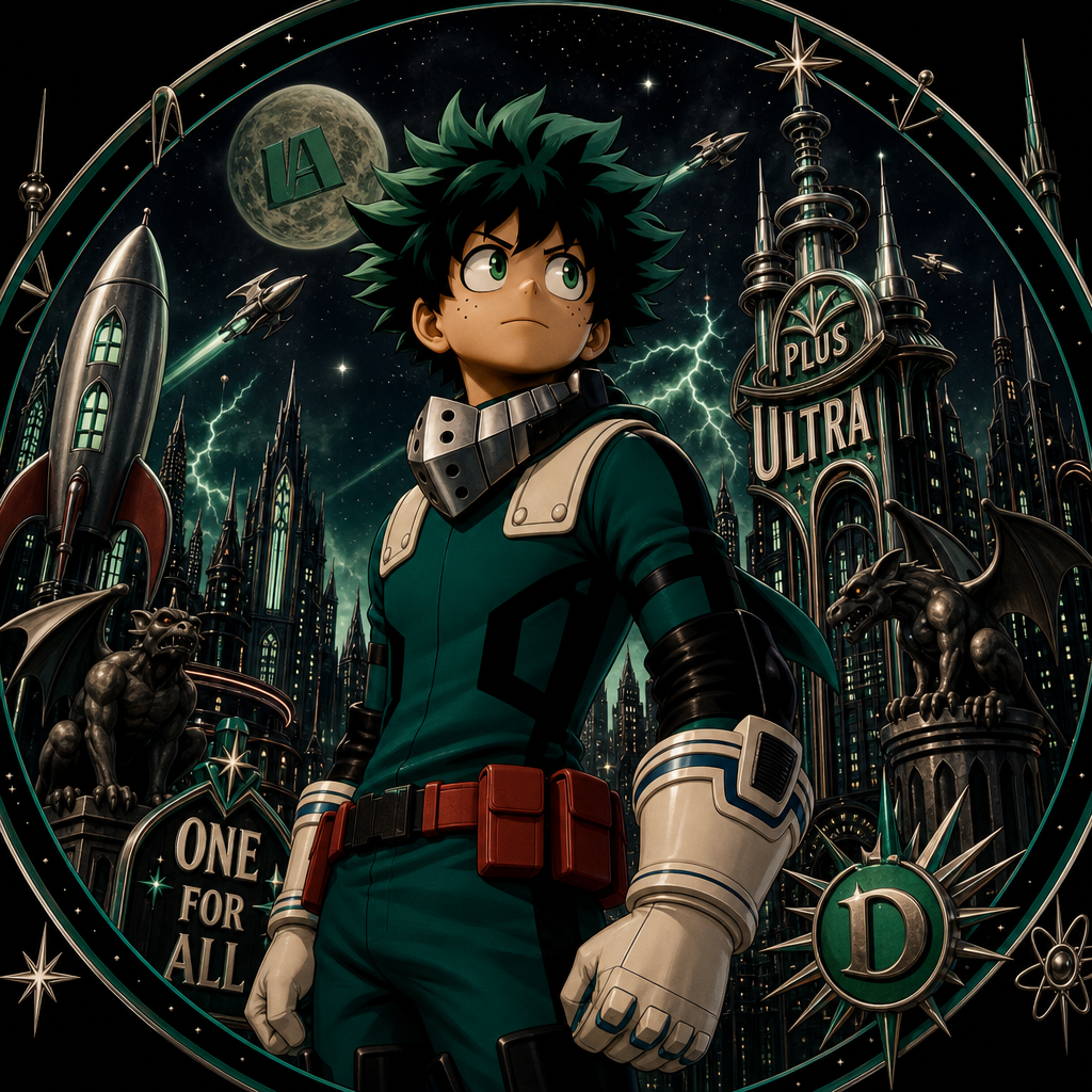 Anime superhero forum avatar: determined green-haired hero in a green suit stands proudly before a dramatic cityscape and Plus Ultra tower — stylized profile/pfp.