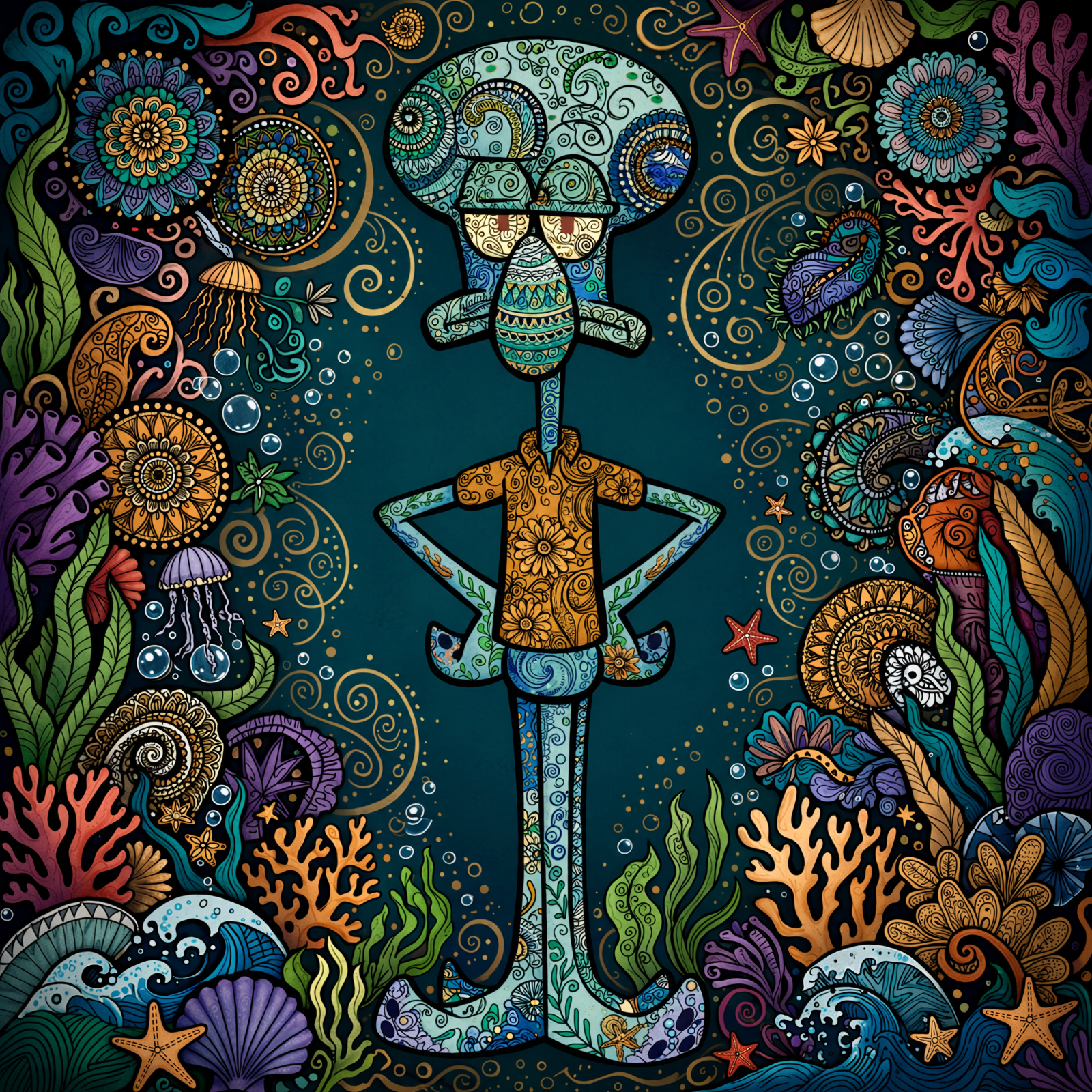 Ornate, mosaic-style Squidward Tentacles (octopus) forum avatar/pfp amid colorful coral, shells, jellyfish and swirling ocean motifs.