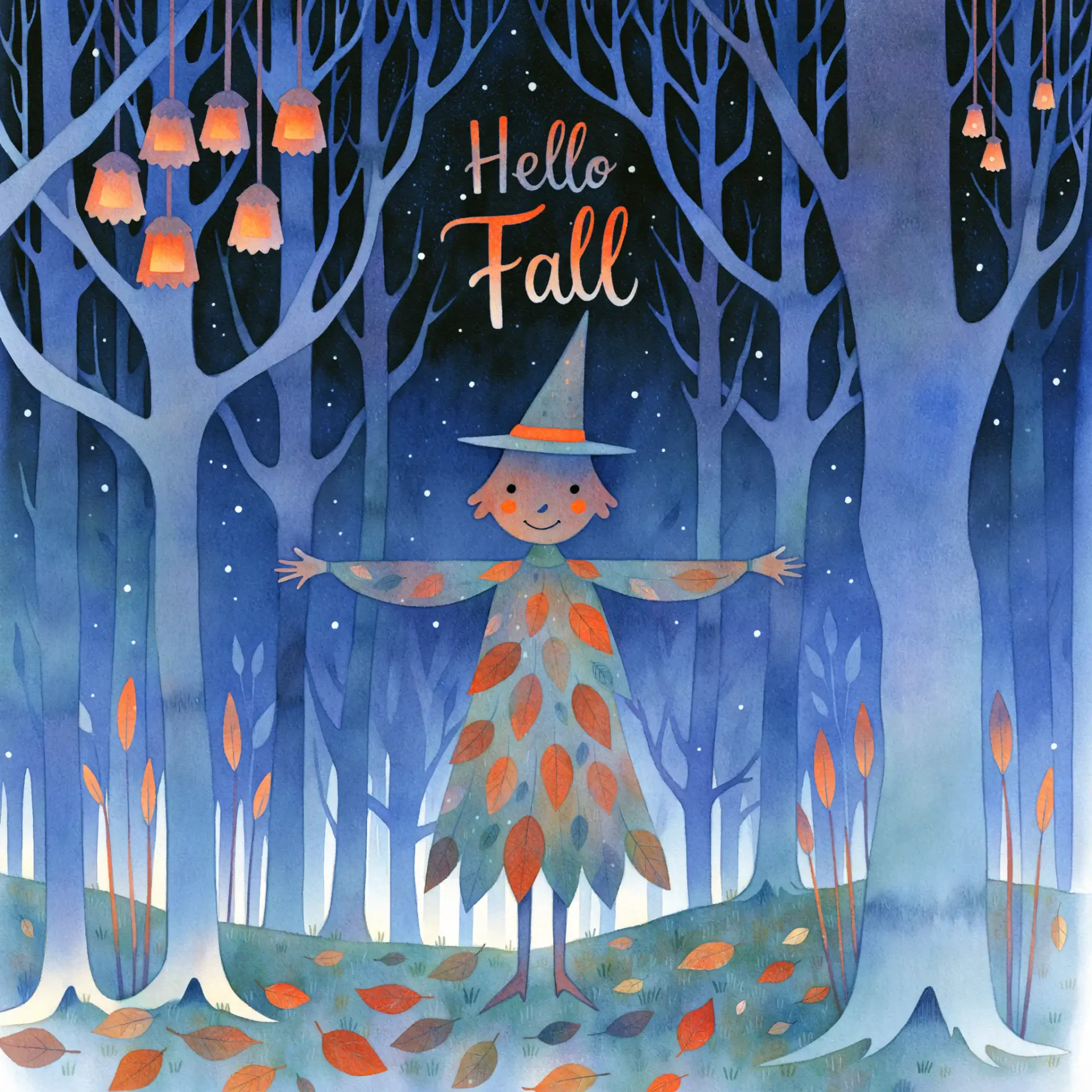 Whimsical scarecrow in an autumn forest under 'Hello Fall' text — Halloween-themed forum avatar/pfp with falling leaves and glowing lanterns.