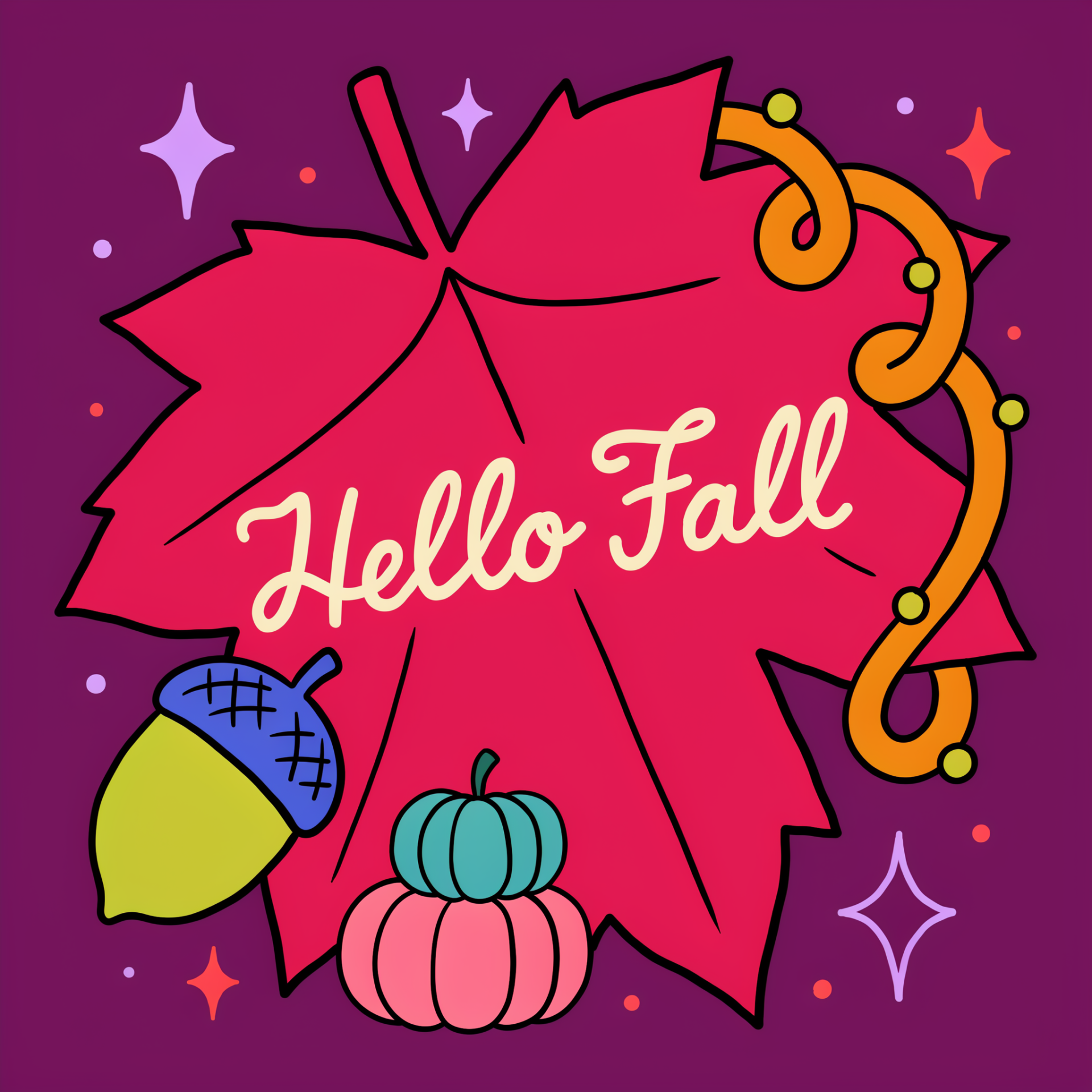 Forum avatar: pink maple leaf reading Hello Fall with an acorn, stacked pumpkins and a curling vine on a purple background — autumn leaf pfp.