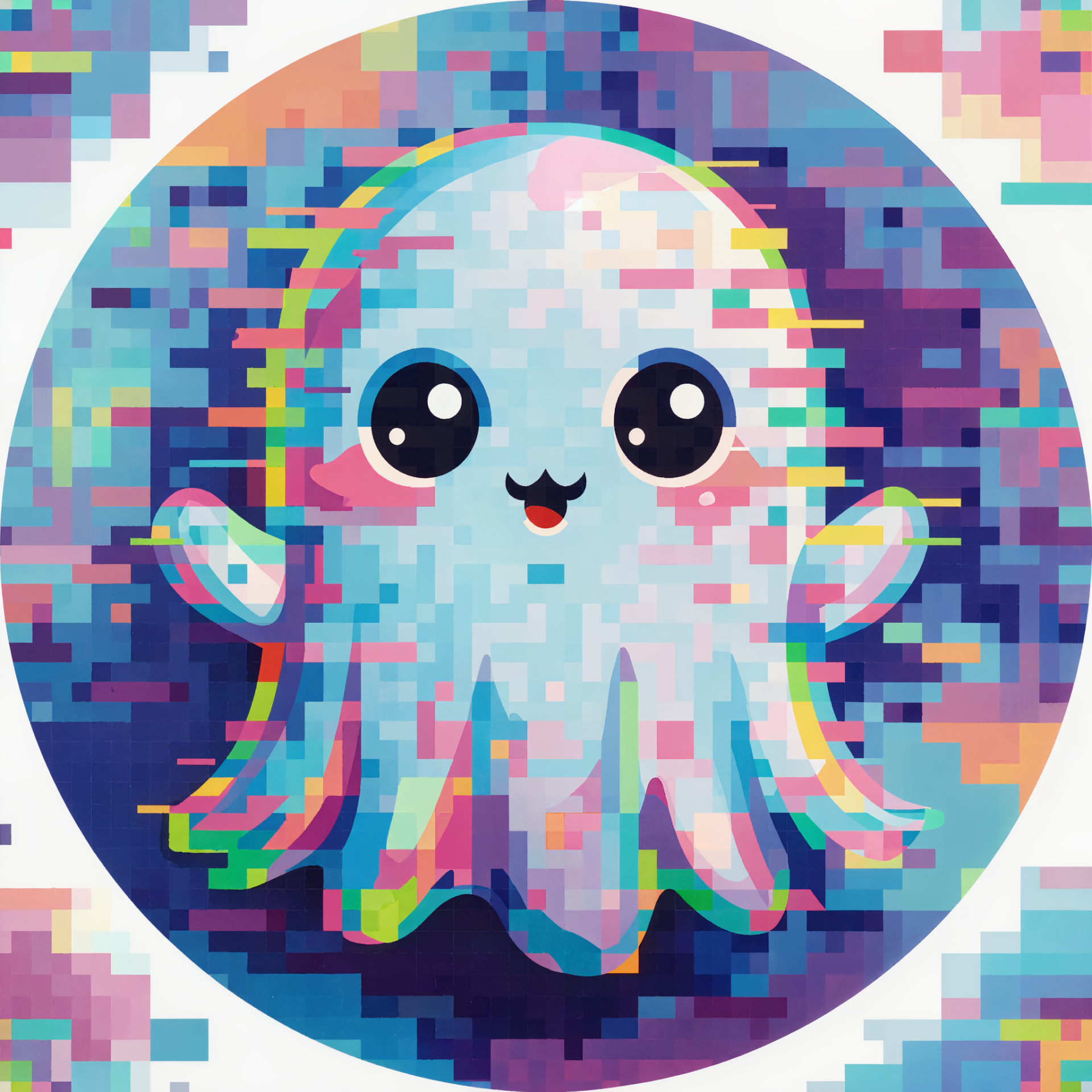 Pixel-art cartoon ghost avatar: kawaii blue-white ghost with big eyes, rosy cheeks and glitchy rainbow pixels in a circular forum profile picture.