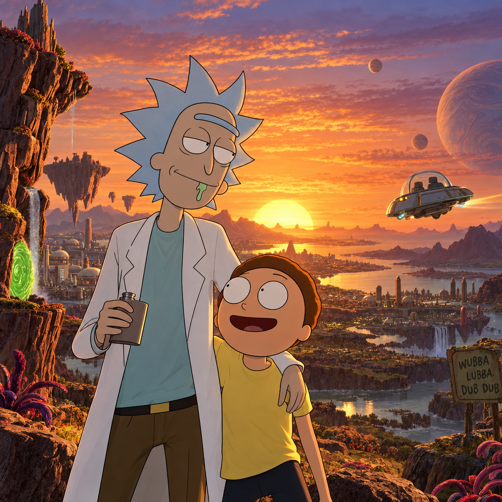 Forum avatar showing Rick (from Rick and Morty) and Morty Smith in an alien sunset; Rick holds a flask, Morty smiles, UFO and exotic landscape behind them.