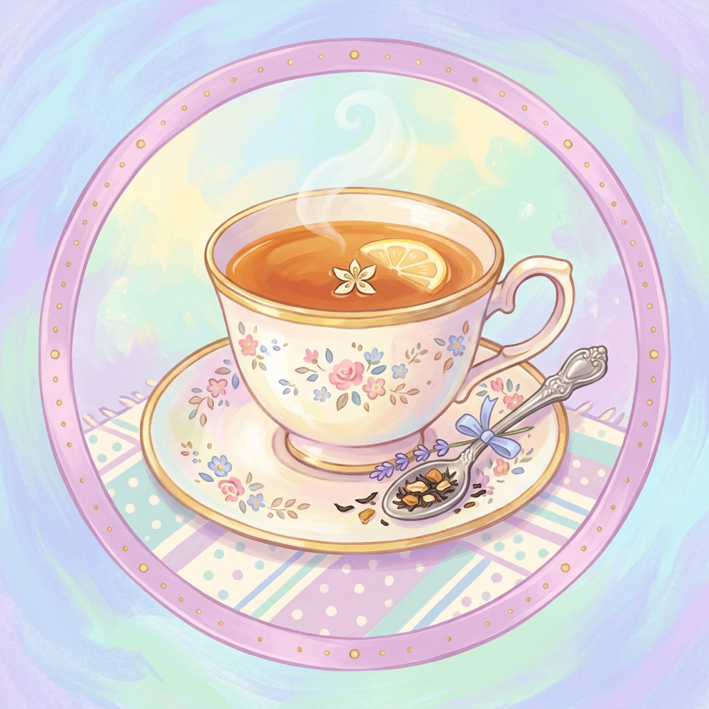 Forum avatar/pfp: pastel floral teacup and saucer with steaming Earl Grey tea, lemon slice, and a spoon holding loose tea leaves.