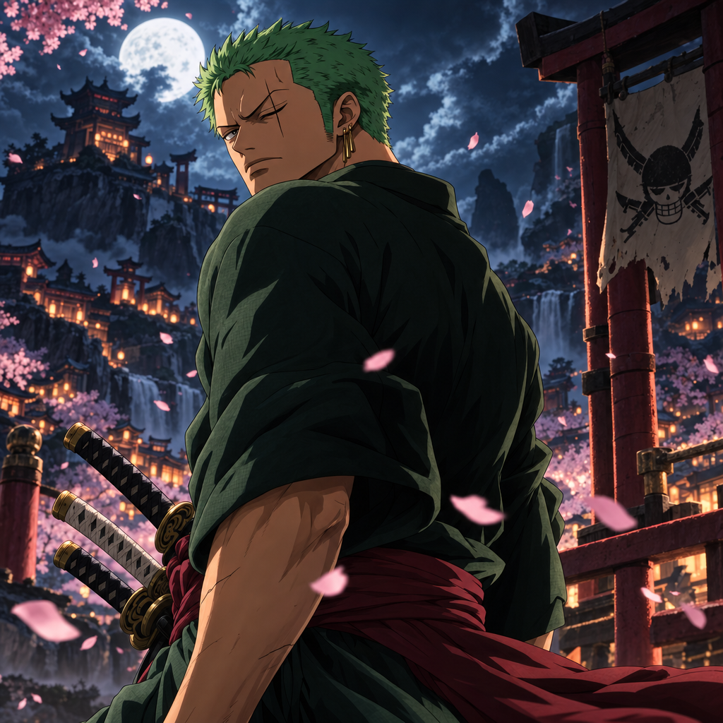 Forum avatar of Roronoa Zoro — anime swordsman with green hair and three katanas, gazing over a moonlit, lantern-lit village with falling cherry blossoms.