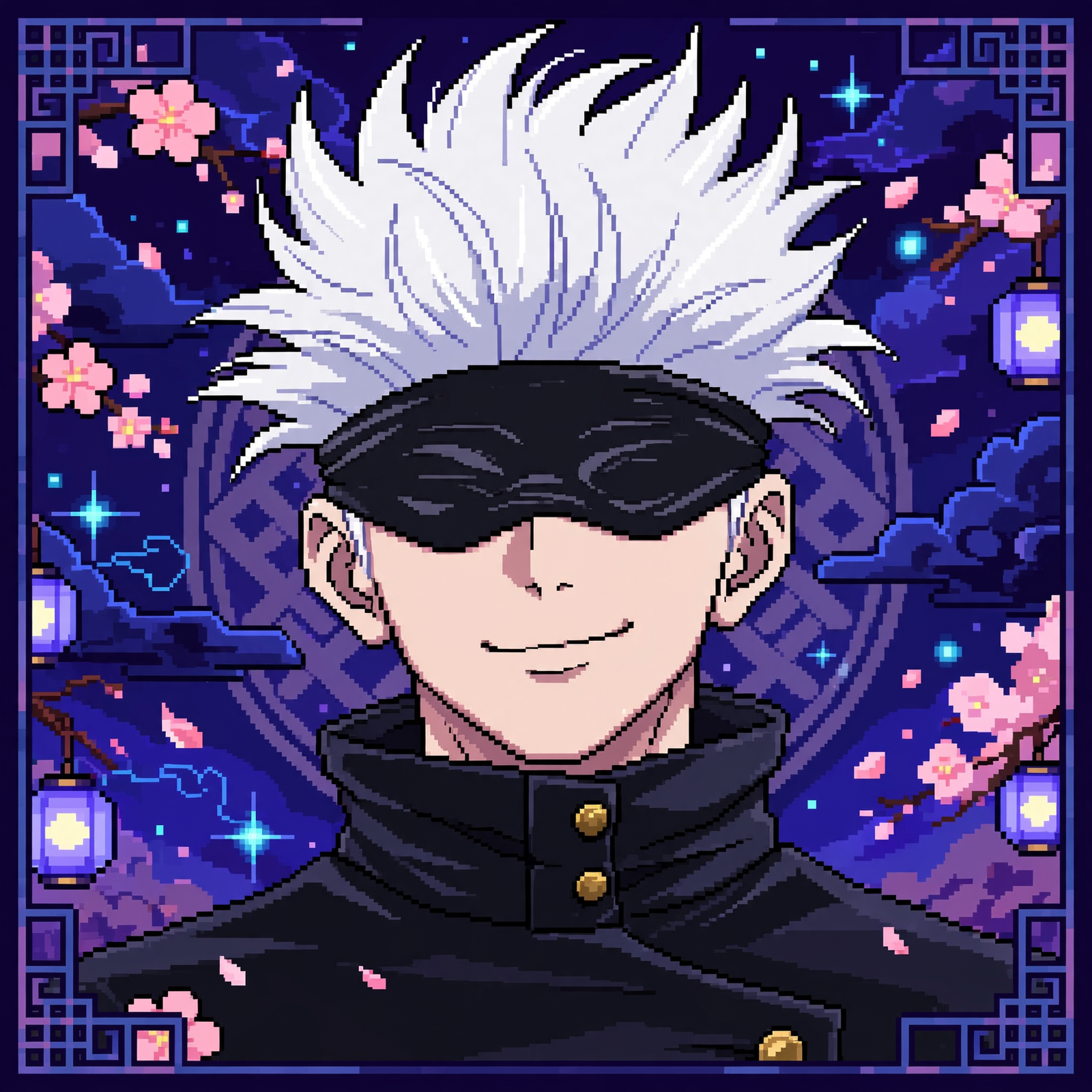 Forum avatar portrait of anime character Satoru Gojo: white spiky hair, blindfold, smiling against a starry purple background dotted with cherry blossoms and lanterns.