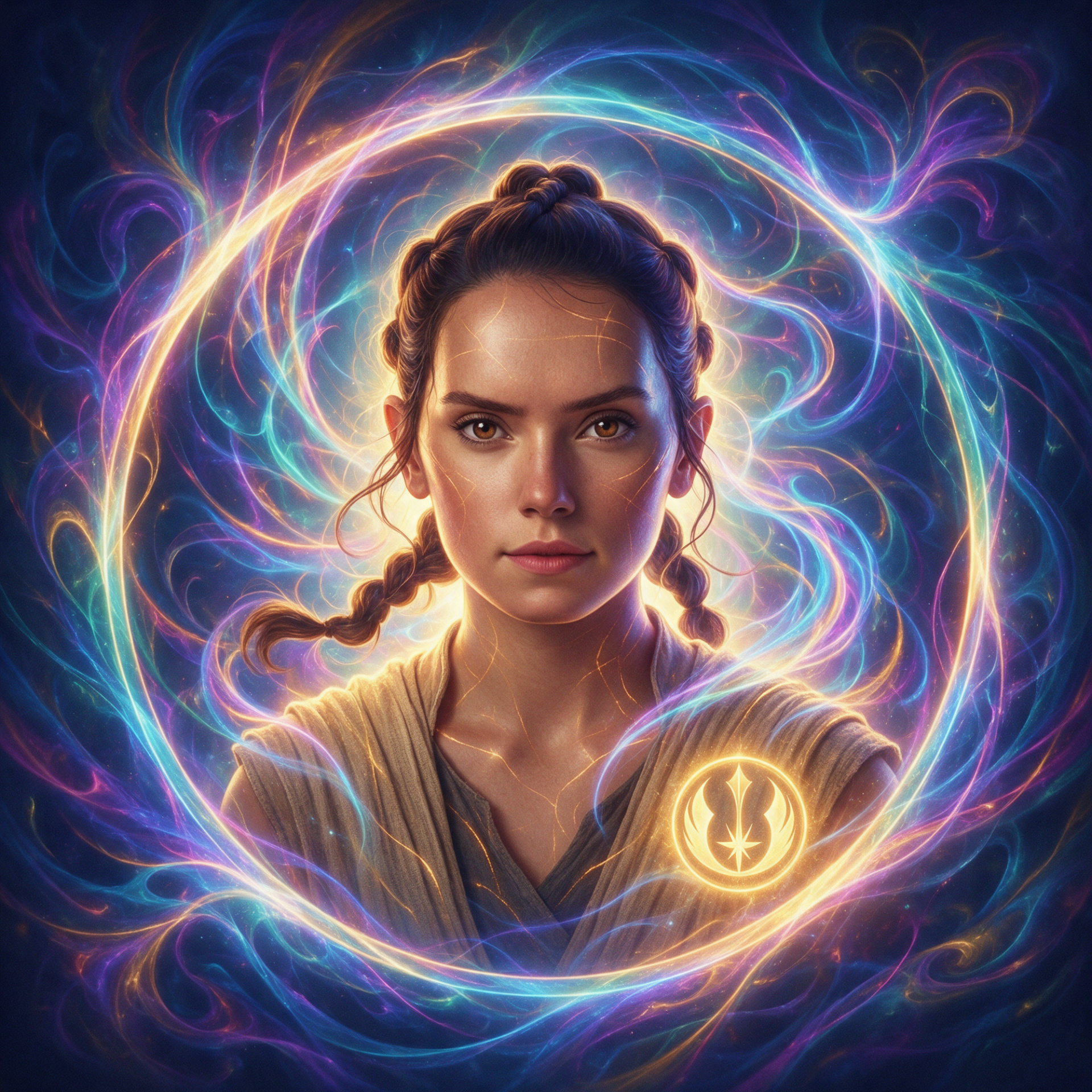 Forum avatar/profile photo of Rey (Star Wars): portrait of a woman with braided hair, surrounded by swirling magical light and a glowing emblem on her robe.