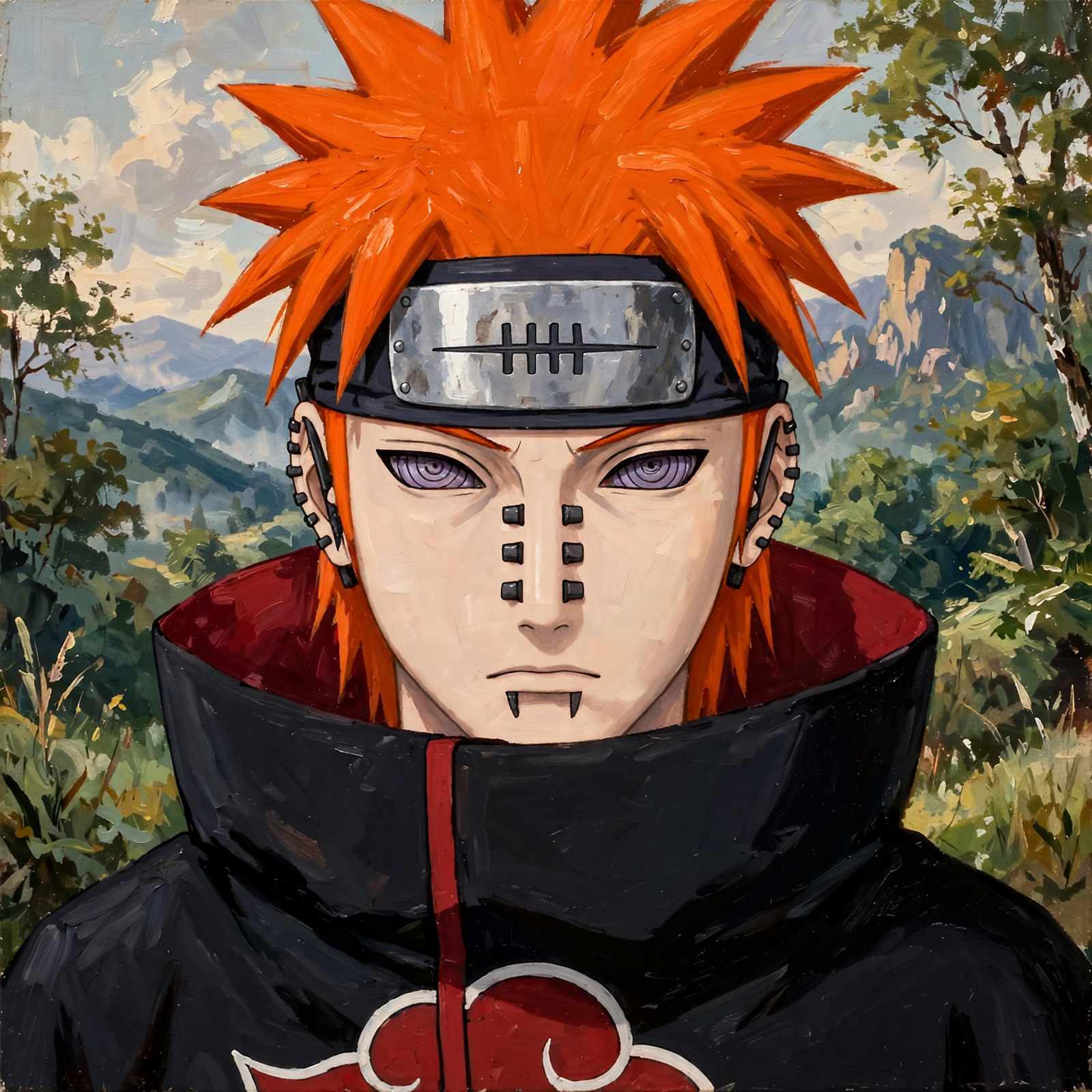 Forum avatar of Pain (Naruto): close-up of orange-haired Akatsuki member with Rinnegan eyes, facial piercings, forehead protector and black-red cloak.