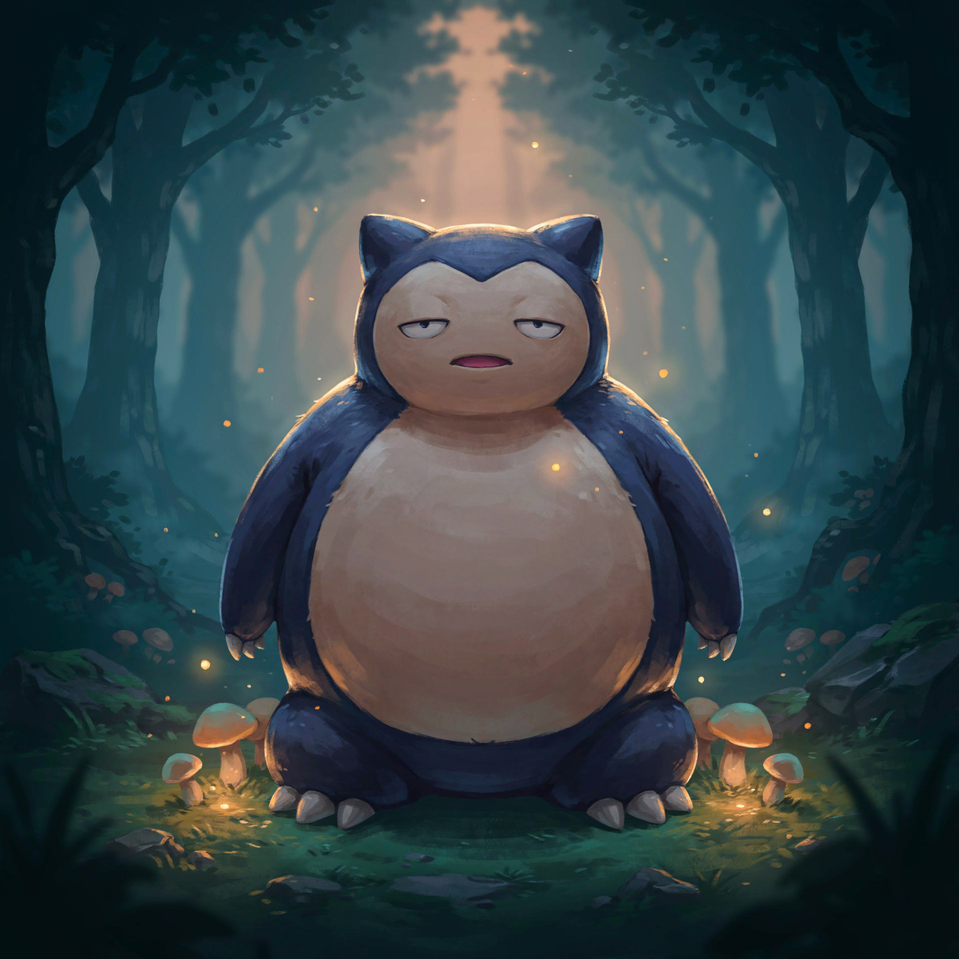 Cartoon Snorlax (Pokémon) forum avatar/pfp: sleepy Snorlax glowing in a moonlit forest clearing, surrounded by mushrooms and soft floating lights.