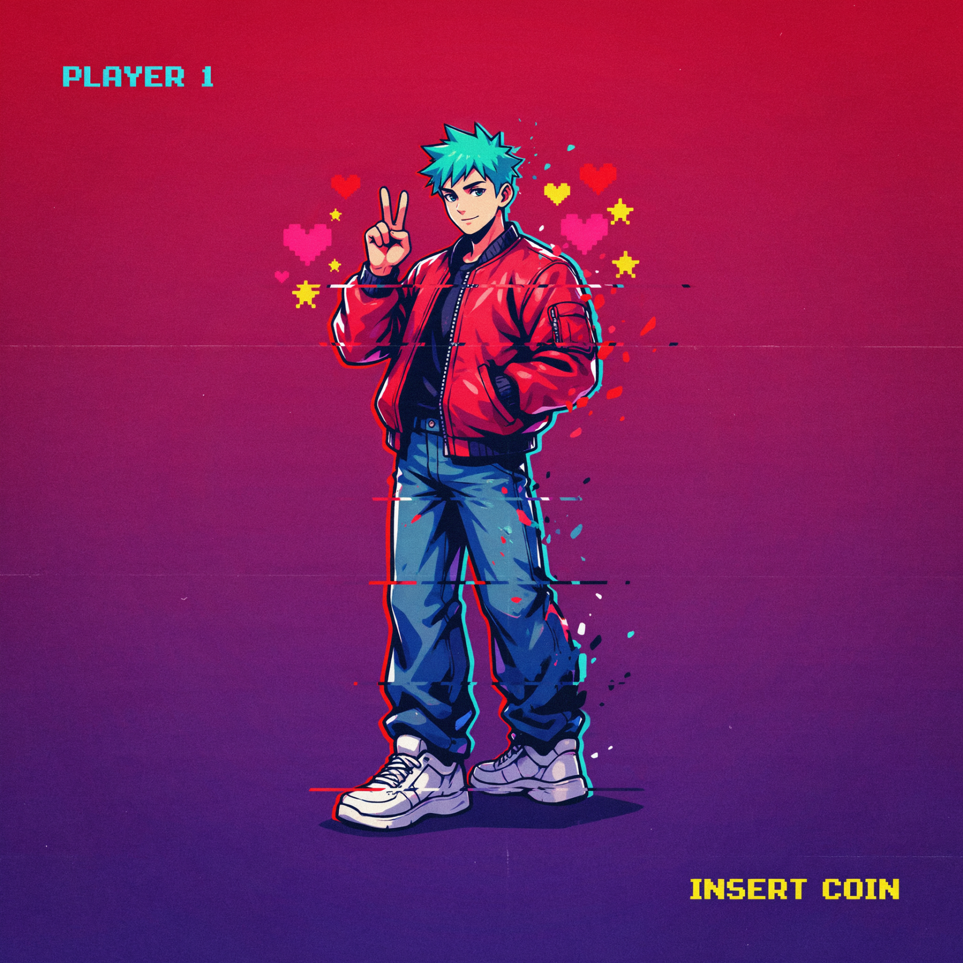 Anime-style boy in a red jacket and sneakers flashing a peace sign amid pixel hearts and PLAYER 1 / INSERT COIN text — video game themed forum avatar.
