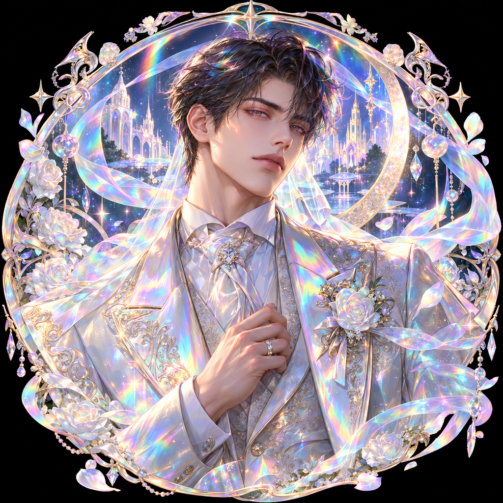 Stylized profile avatar of a groom: a young man in an iridescent, embellished suit with a jeweled boutonniere, luminous cityscape background and an ornate circular frame.