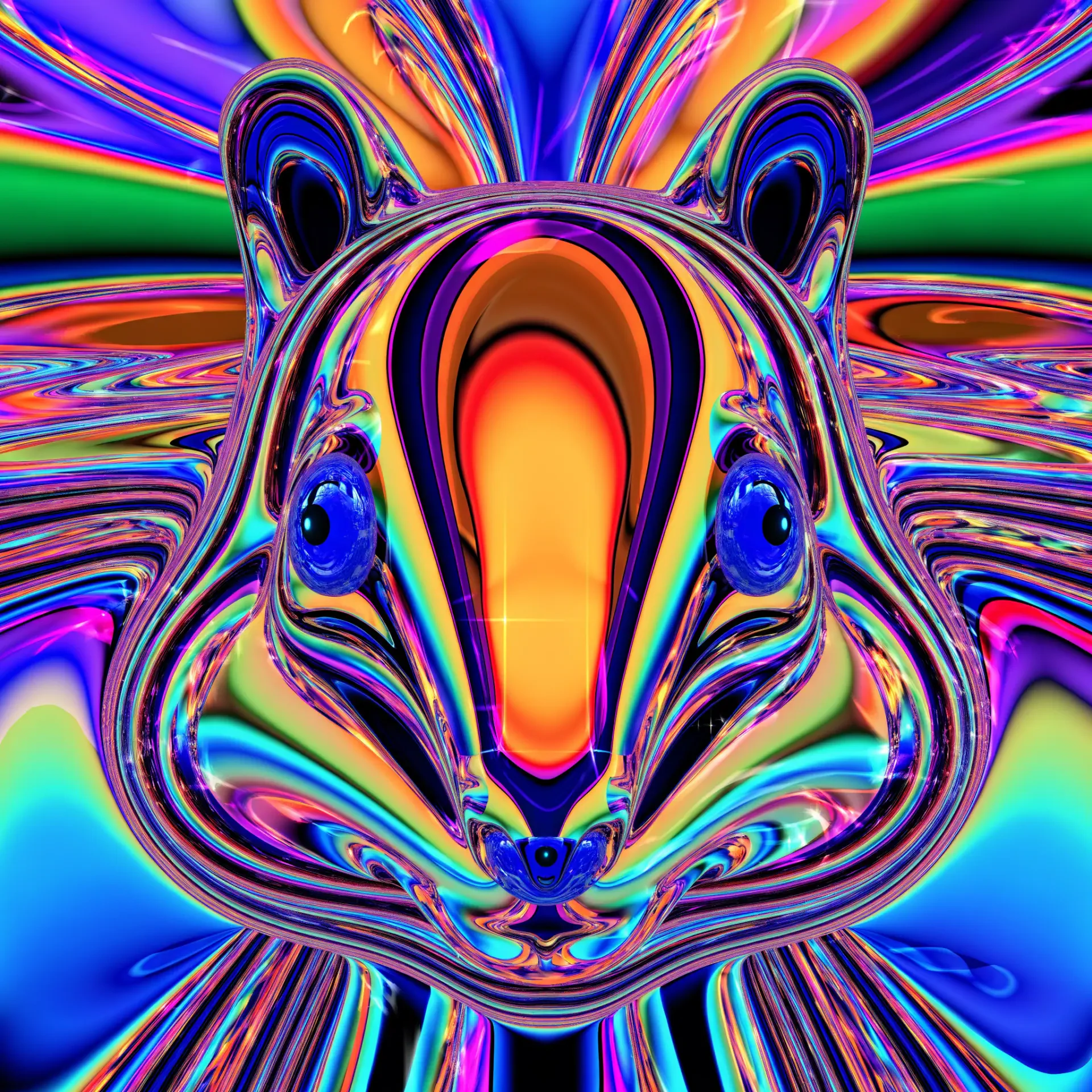 Psychedelic abstract forum avatar: glossy neon chipmunk-tiger-cat hybrid face with mirrored striped patterns and bright blue eyes.