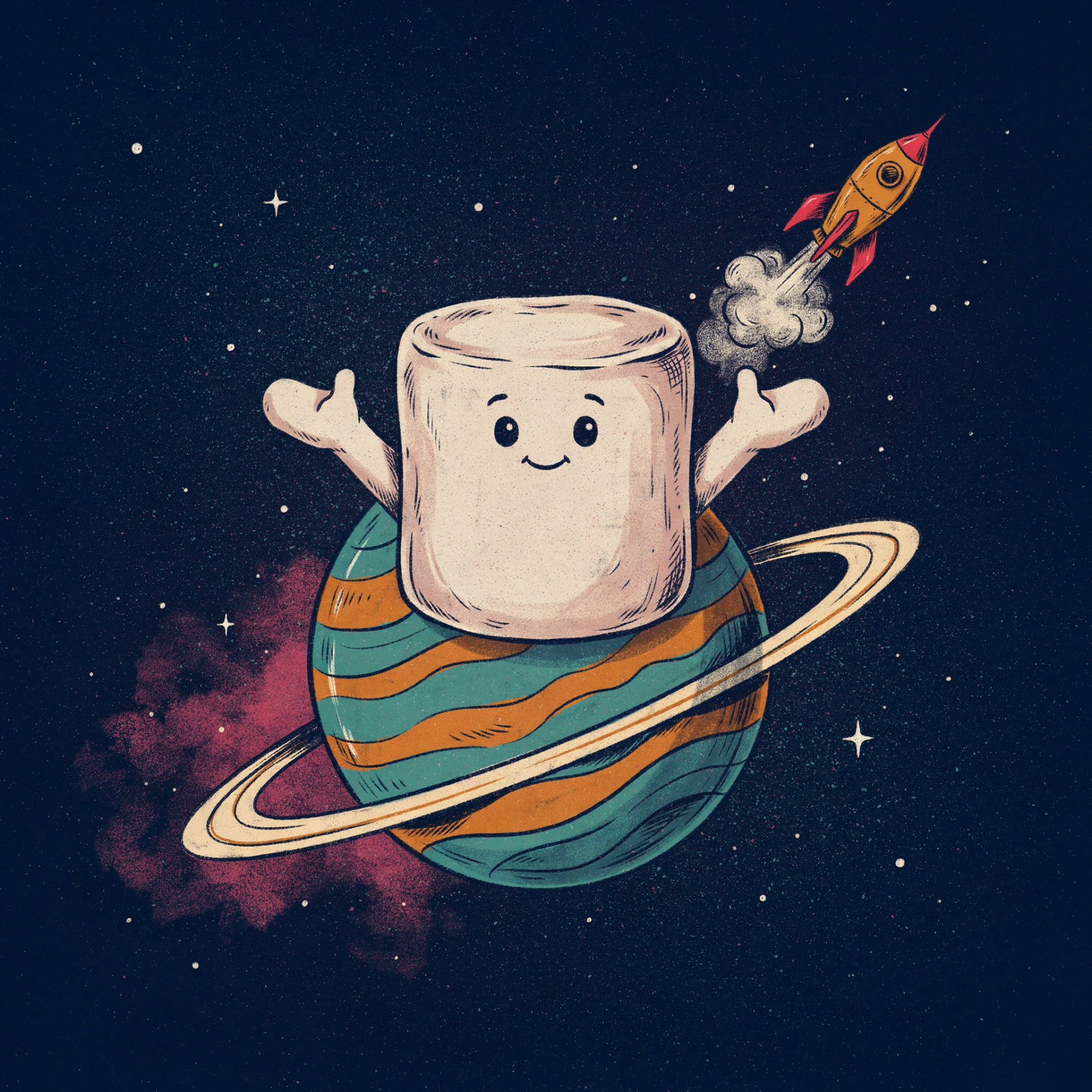 Smiling marshmallow perched on a ringed planet, waving as a rocket zooms through stars — stylized space-themed forum avatar/pfp.