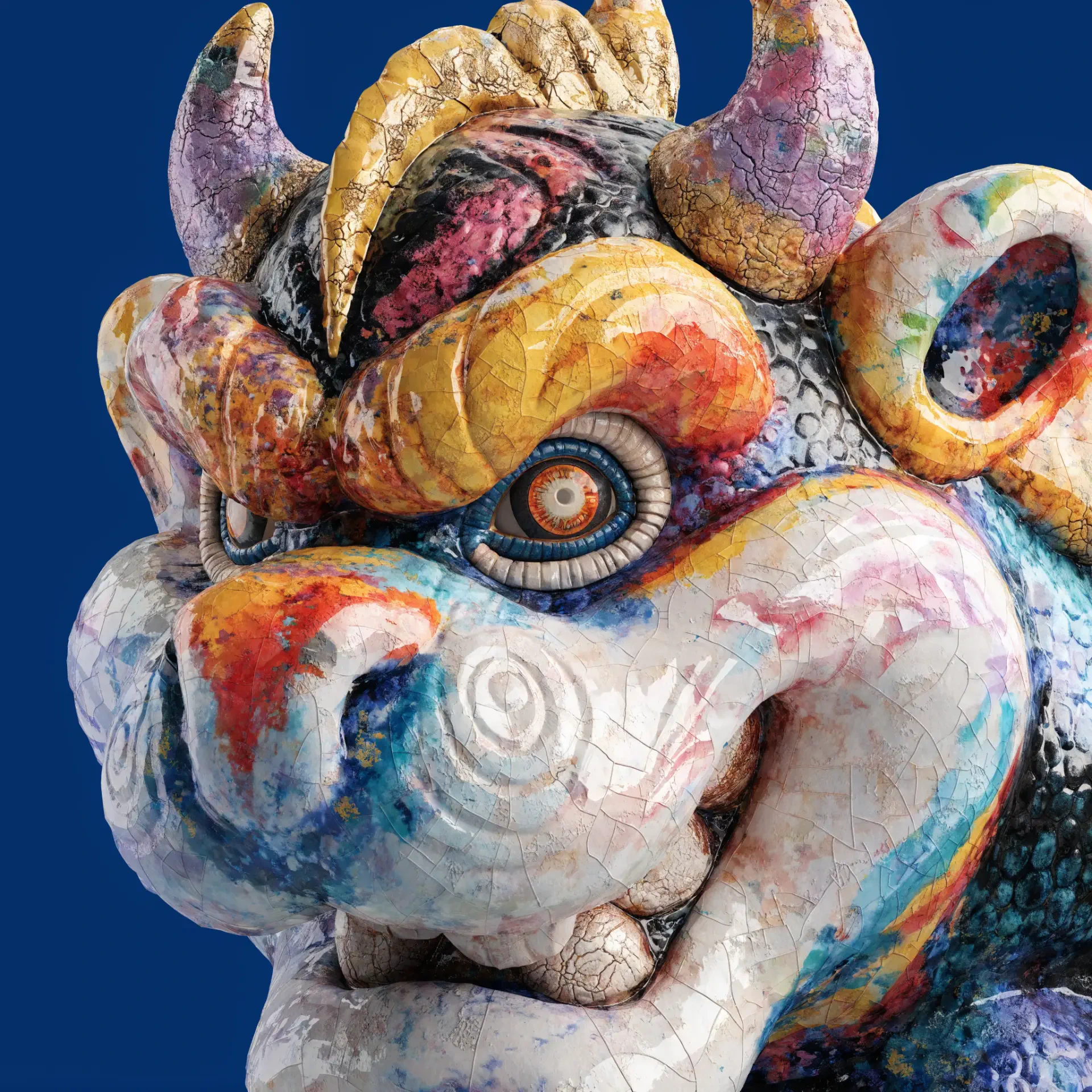 Close-up of a colorful Bowser-inspired monster mask sculpture used as a forum avatar, showing textured paint, curled horns and spiral-patterned eyes on a blue background.