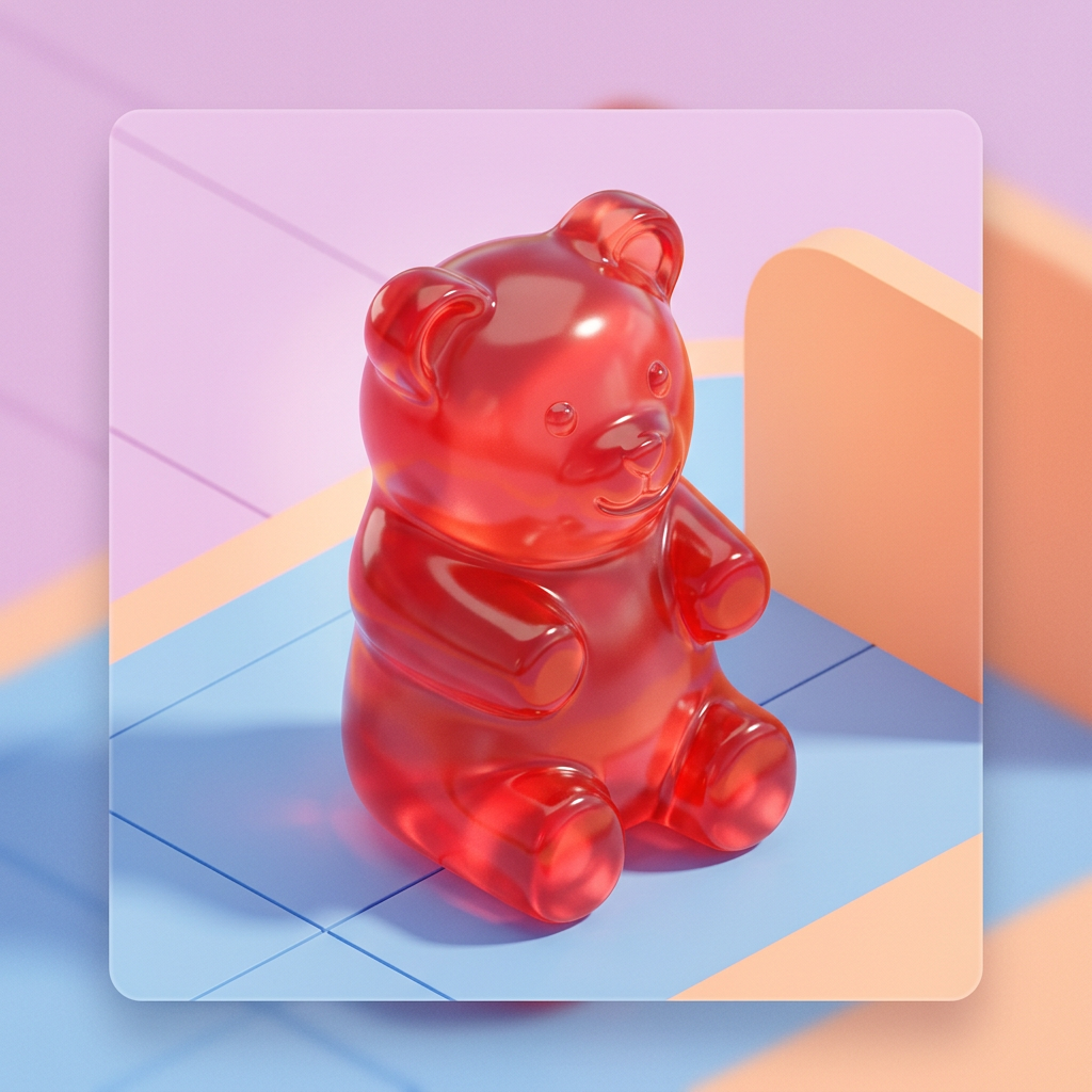 Glossy red gummy bear candy in a sitting pose, used as a forum avatar/profile photo on a pastel geometric background.