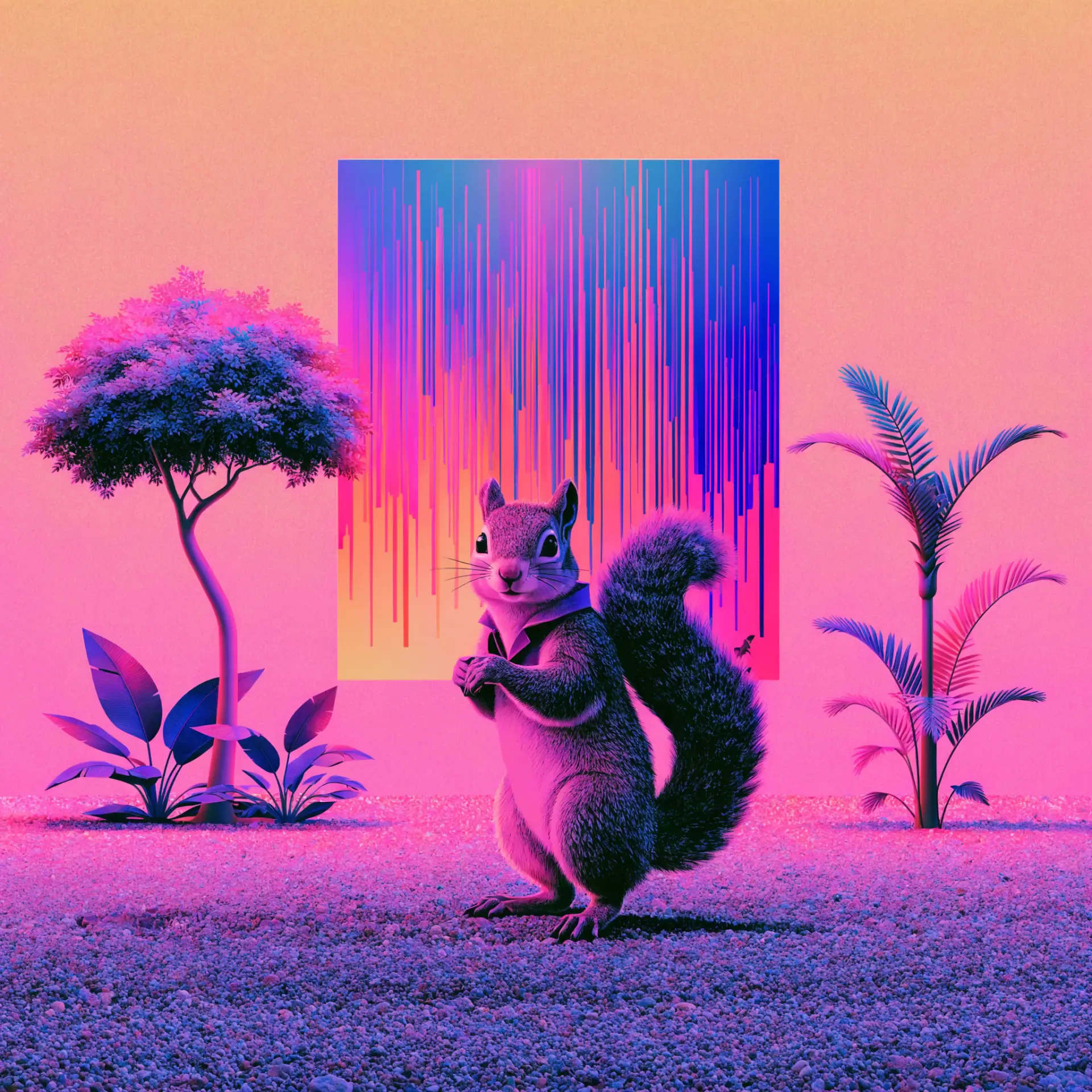 Neon pink and purple squirrel forum avatar/profile photo standing on a surreal landscape with stylized plants and a vertical streaked color panel behind it.