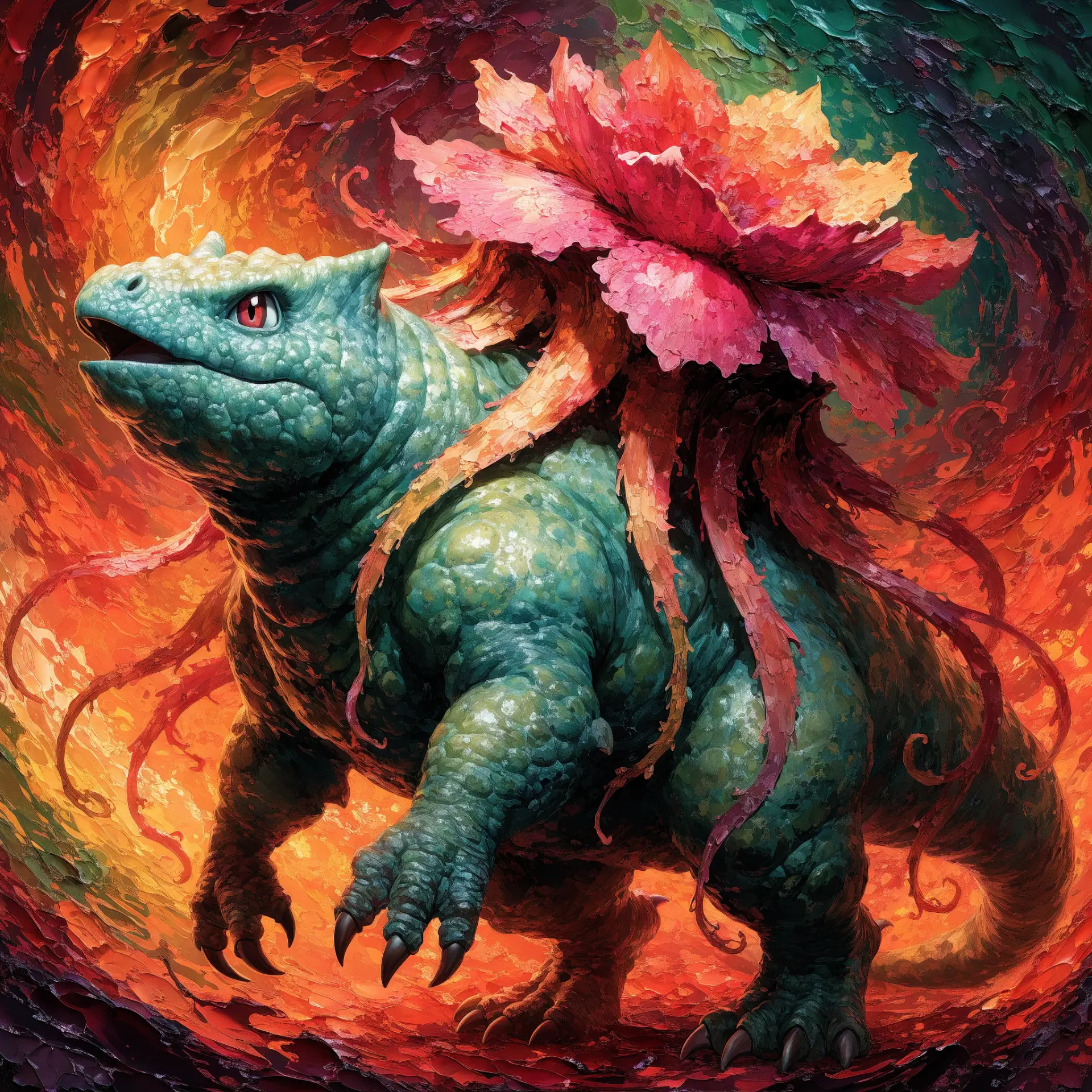 Venusaur (Pokémon)-inspired dragon-lizard monster with a huge blooming flower on its back, painted in vivid fiery swirls — stylized forum avatar/pfp.