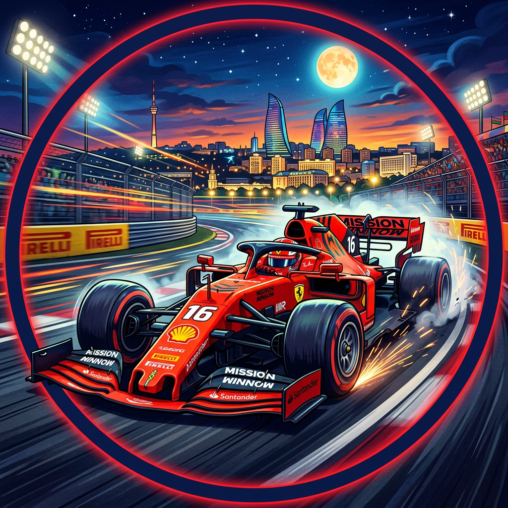 Stylized F1 race car speeding around a lit city track under a full moon, sparks flying inside a circular frame — bold forum avatar/pfp/profile photo.