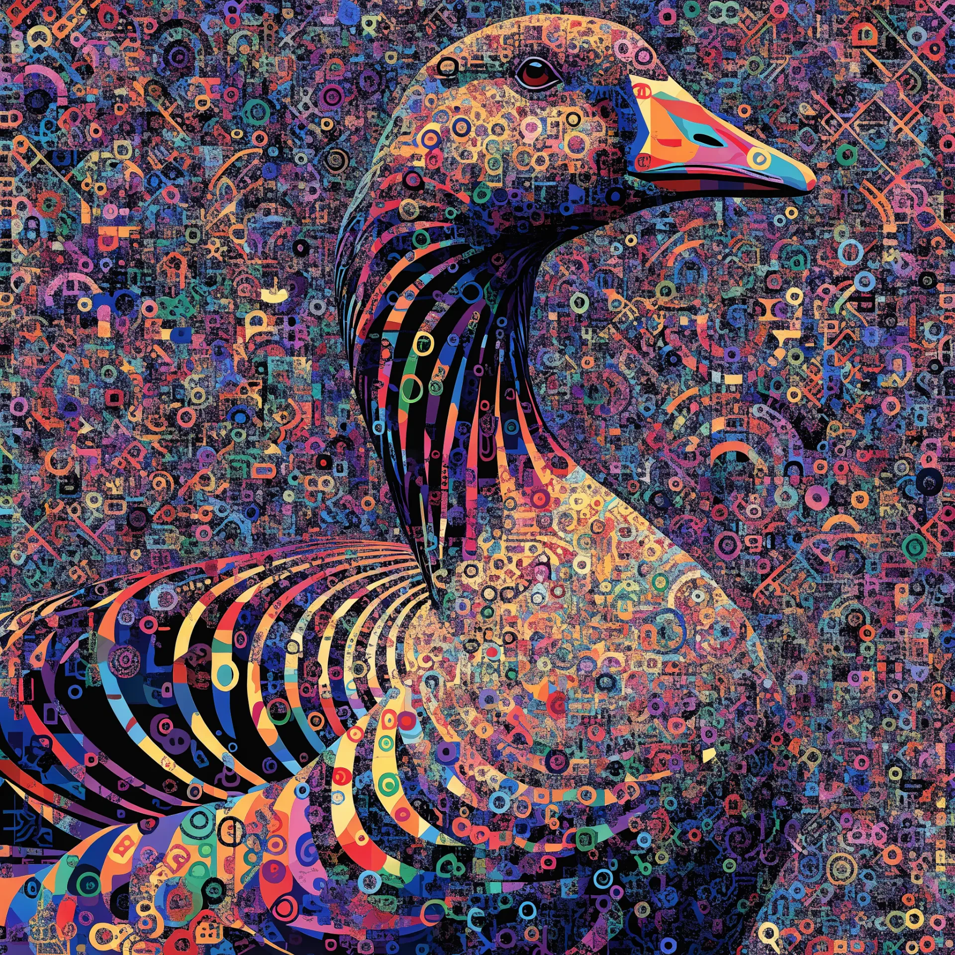 Vibrant mosaic goose portrait in psychedelic colors, stylized bird used as a forum avatar/pfp.