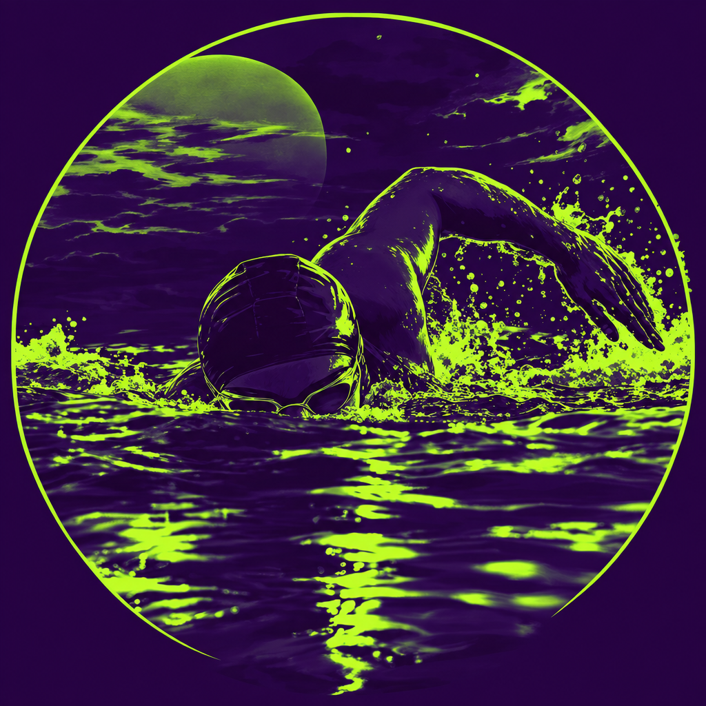 Forum avatar/pfp of a swimmer mid-stroke: neon-green splashes across dark water with a glowing moon in the background.