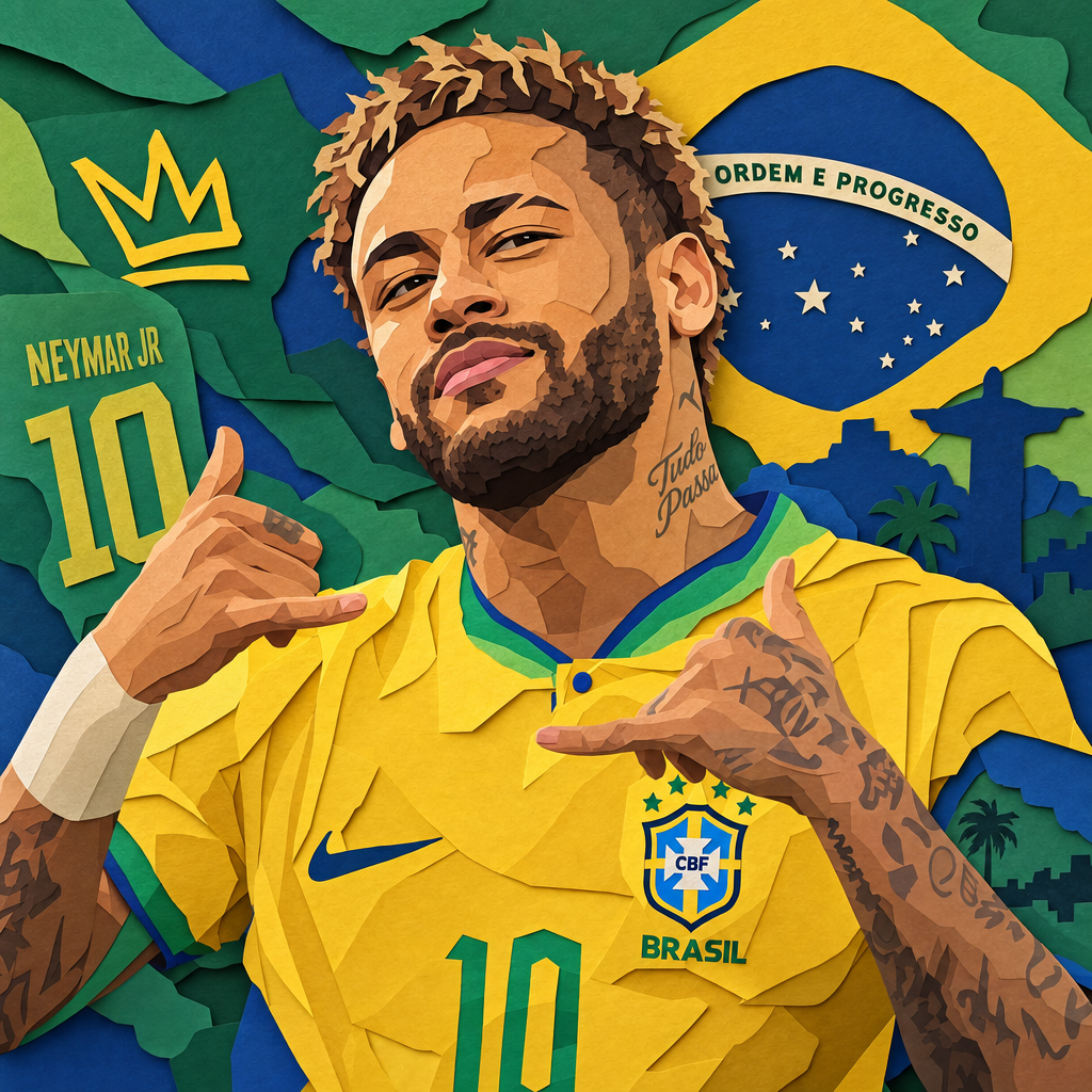 Stylized forum avatar of a Brazilian soccer player in a yellow No.10 jersey making a shaka hand gesture, with a crown motif and the Brazilian flag in the background.