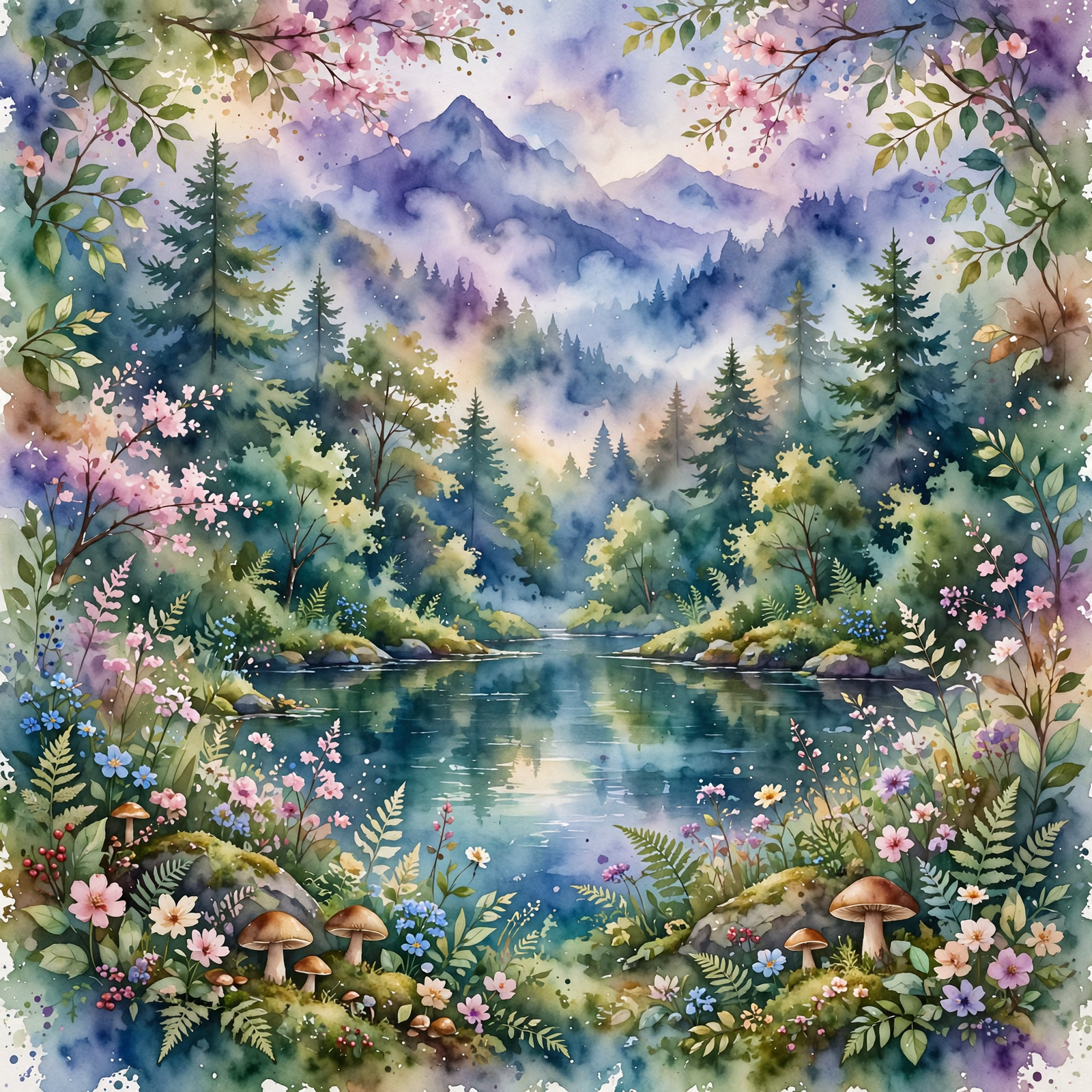 Forum avatar of a watercolor nature landscape: tranquil mountain lake framed by evergreen forest, wildflowers and mushrooms in soft, dreamy pastel tones.