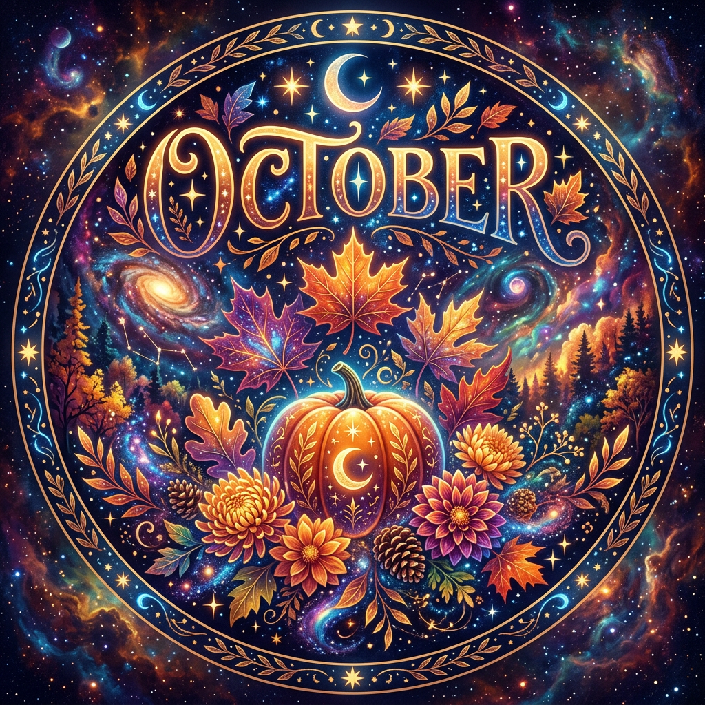 Circular forum avatar/profile photo: ornate October lettering over a moonlit pumpkin, surrounded by autumn leaves, chrysanthemums and swirling stars in a cosmic fall scene.