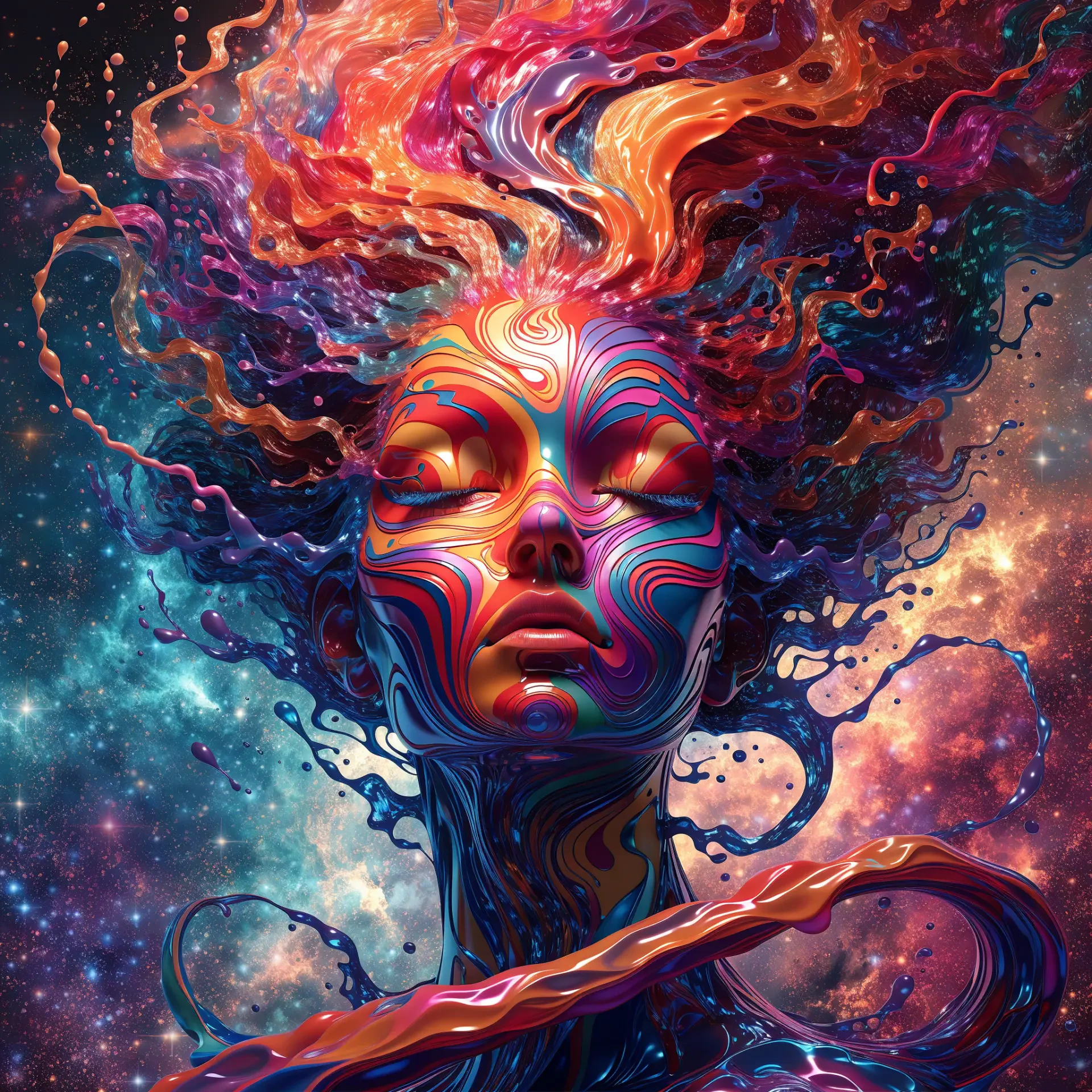 Abstract goddess portrait of a woman's face in swirling cosmic colors, nebula-like hair flowing outward, created as a striking forum avatar/pfp.
