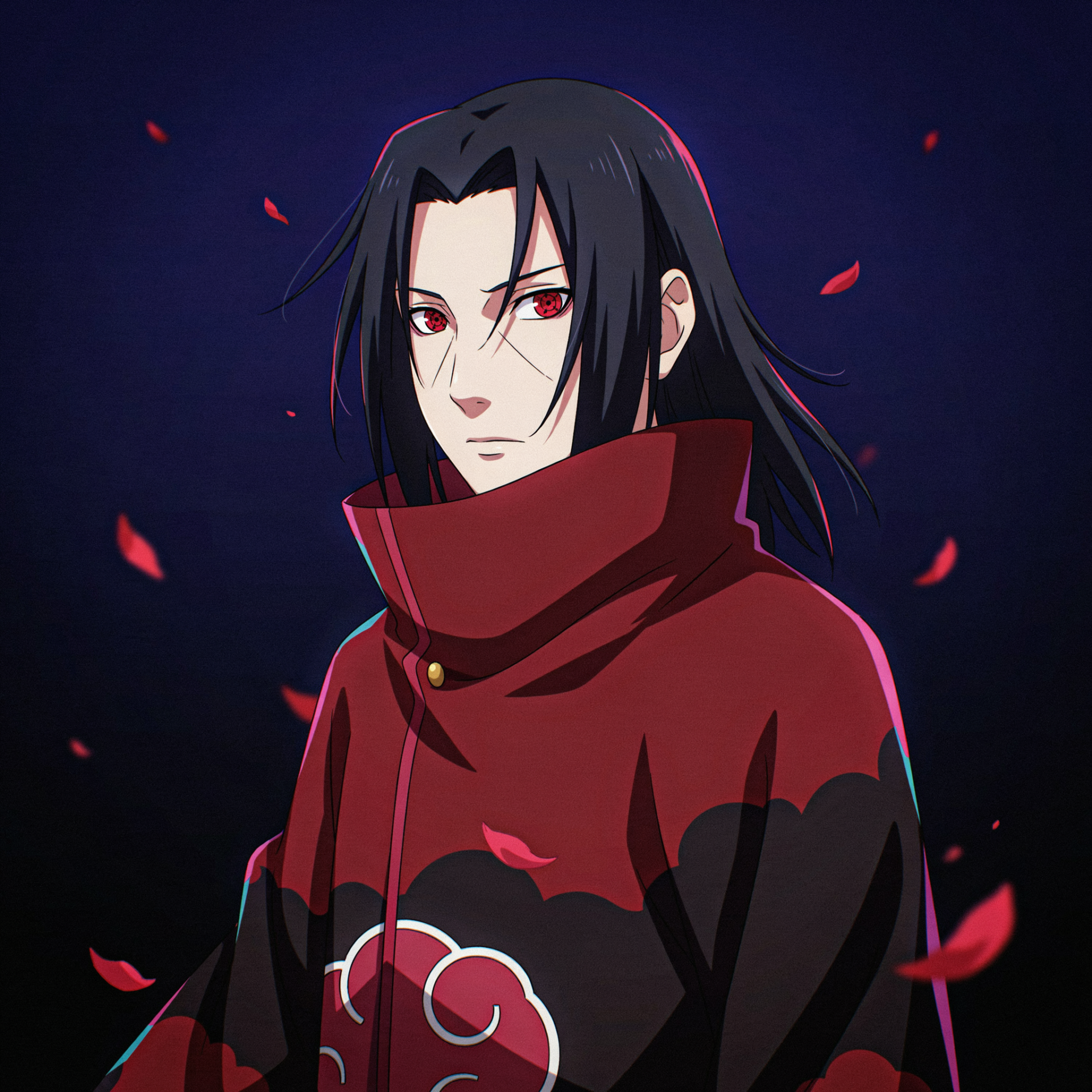 Forum avatar of Itachi Uchiha (Naruto): stoic figure in Akatsuki cloak, red Sharingan eyes, dark hair, red petals drifting against a deep, moody background.
