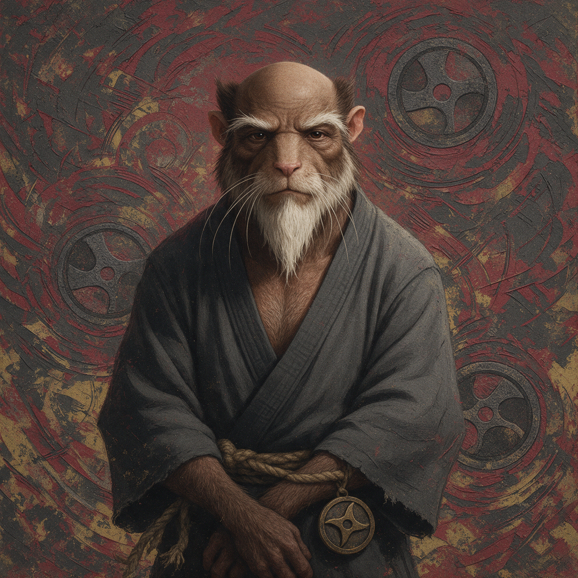 Forum avatar of Splinter (TMNT), an elderly anthropomorphic rat in a simple monk's robe, hands folded, solemn expression against a muted red background with circular shuriken motifs.