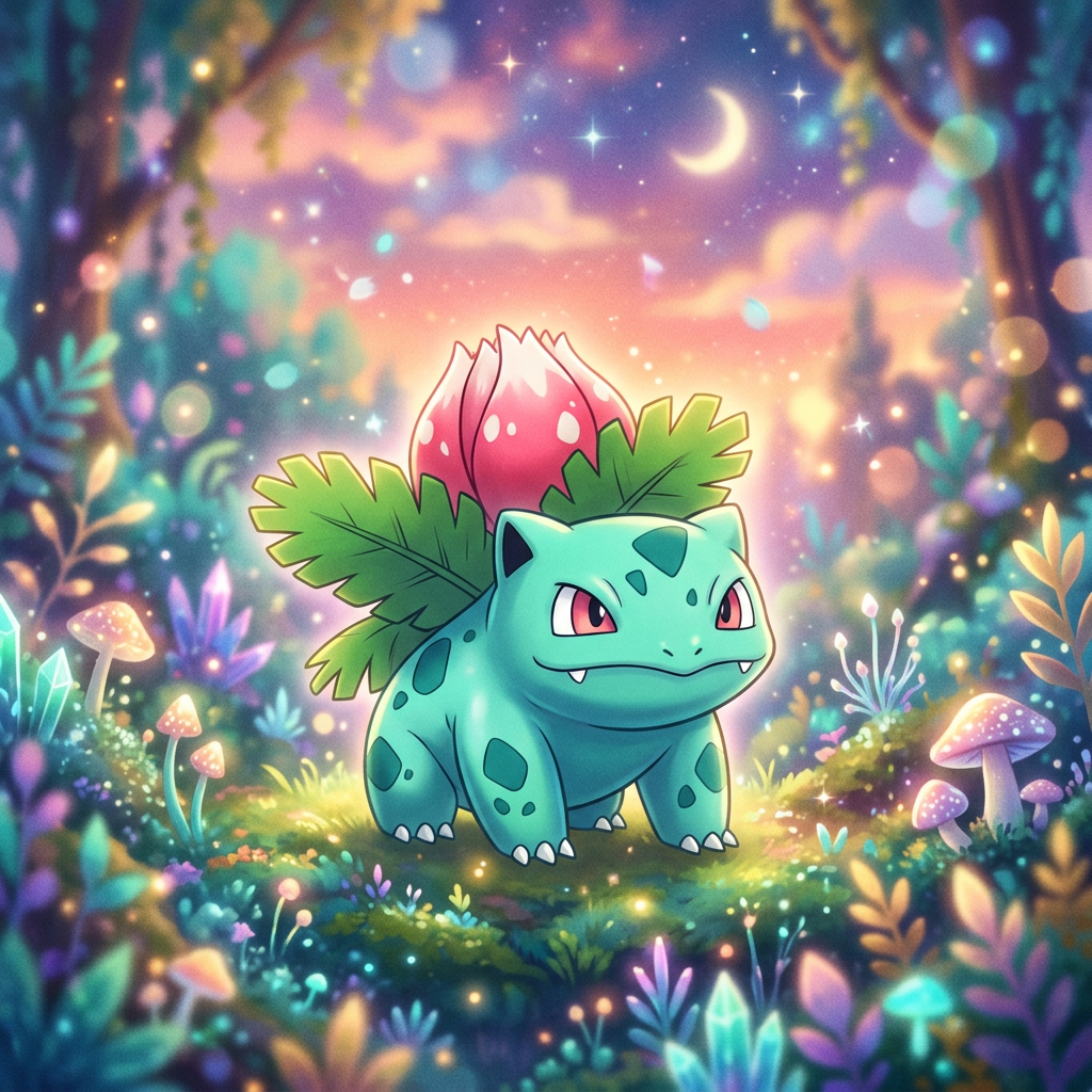 Forum avatar/pfp of Ivysaur (Bulbasaur evolution) from Pokémon, standing in a glowing, mushroom-lit forest clearing beneath a crescent moon.