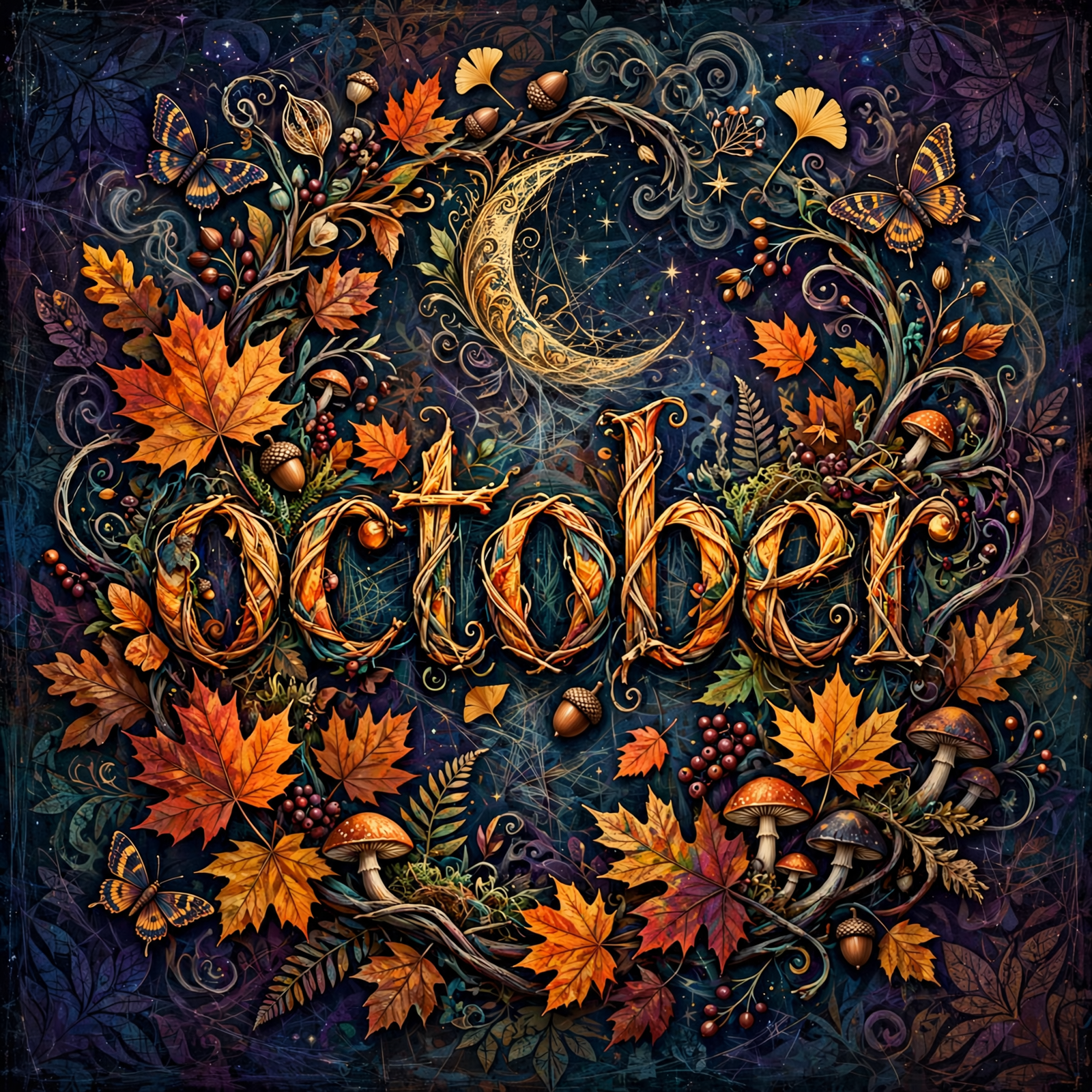 Forum avatar/pfp: ornate October motif framed by autumn leaf wreath, mushrooms, berries and a decorative crescent moon.