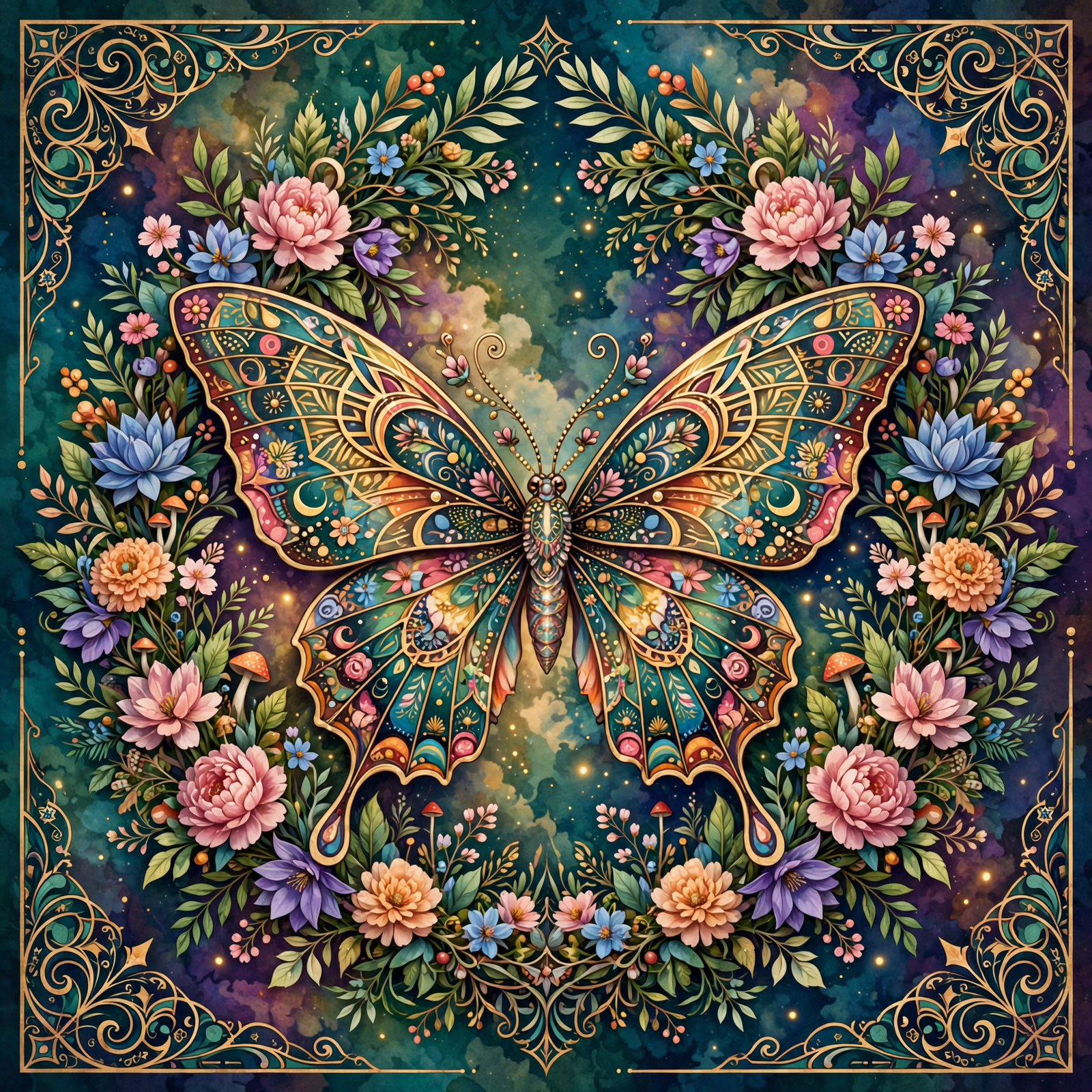 Ornate symmetrical butterfly centered in a floral frame with roses and jewel-toned filigree; vibrant teal, gold, and pink hues — stylized forum avatar/pfp.