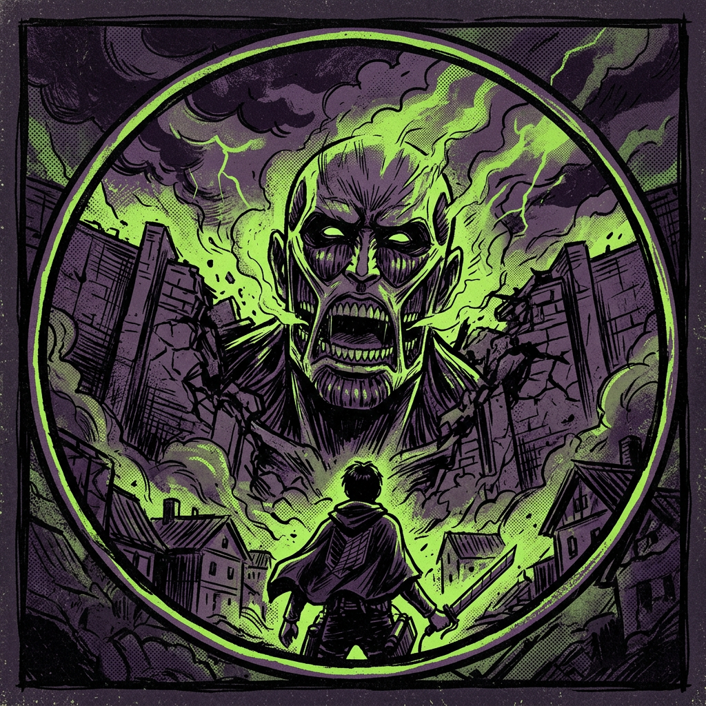 Forum avatar/pfp: Attack on Titan–style colossal zombie monster looms in neon green flame over a lone cloaked figure amid a ruined city, pure horror aesthetic.