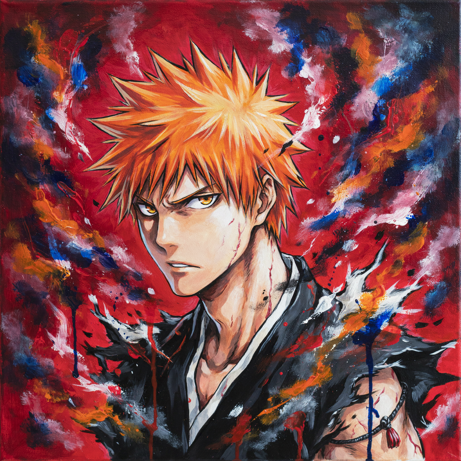 Bleach anime portrait of Ichigo Kurosaki as a forum avatar: intense gaze, spiky orange hair, torn black shinigami robe, fiery red and black swirling background.