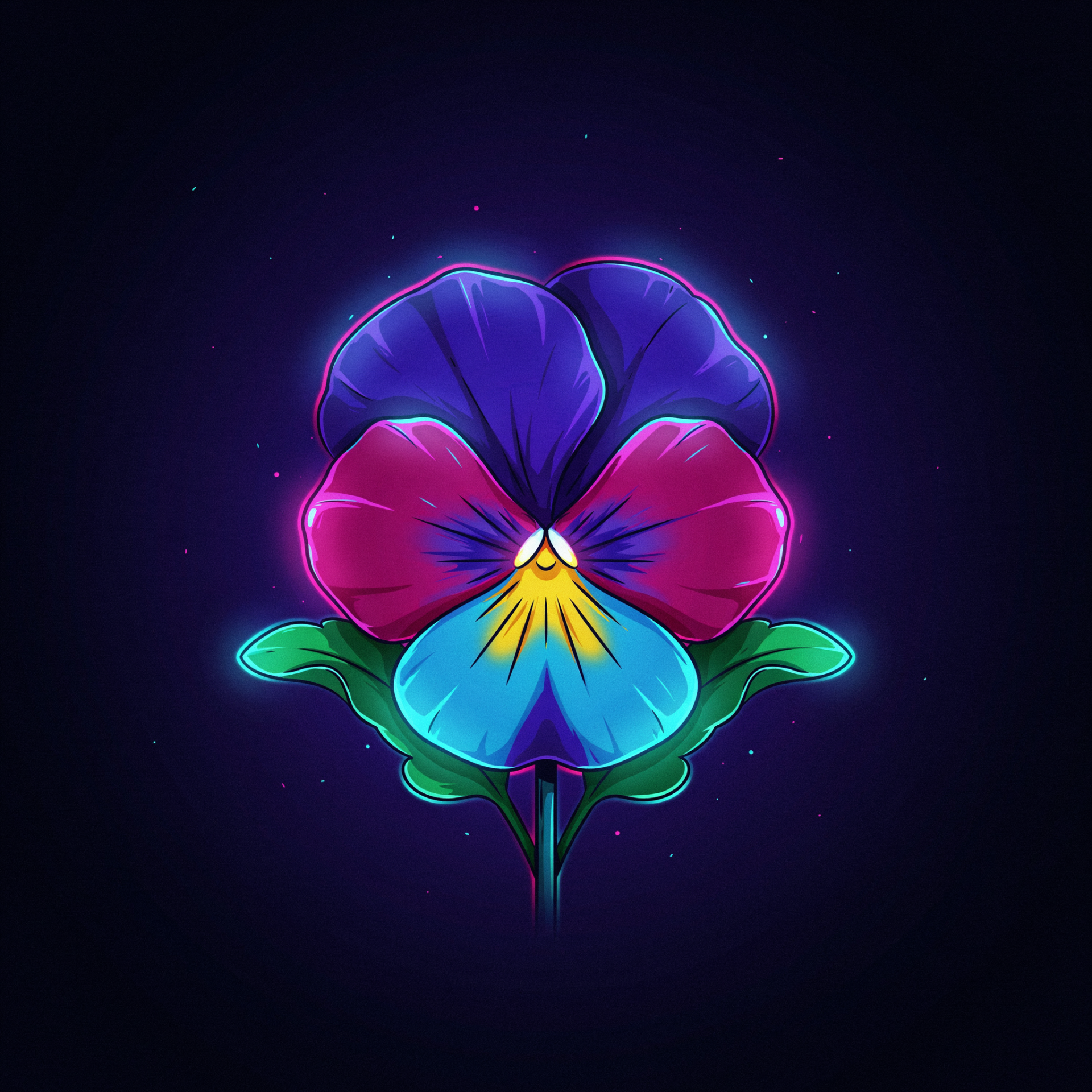 Stylized neon pansy flower blossom — vibrant purple, pink, blue and yellow petals with green leaves on a dark background, rendered as a glowing forum avatar/profile photo.
