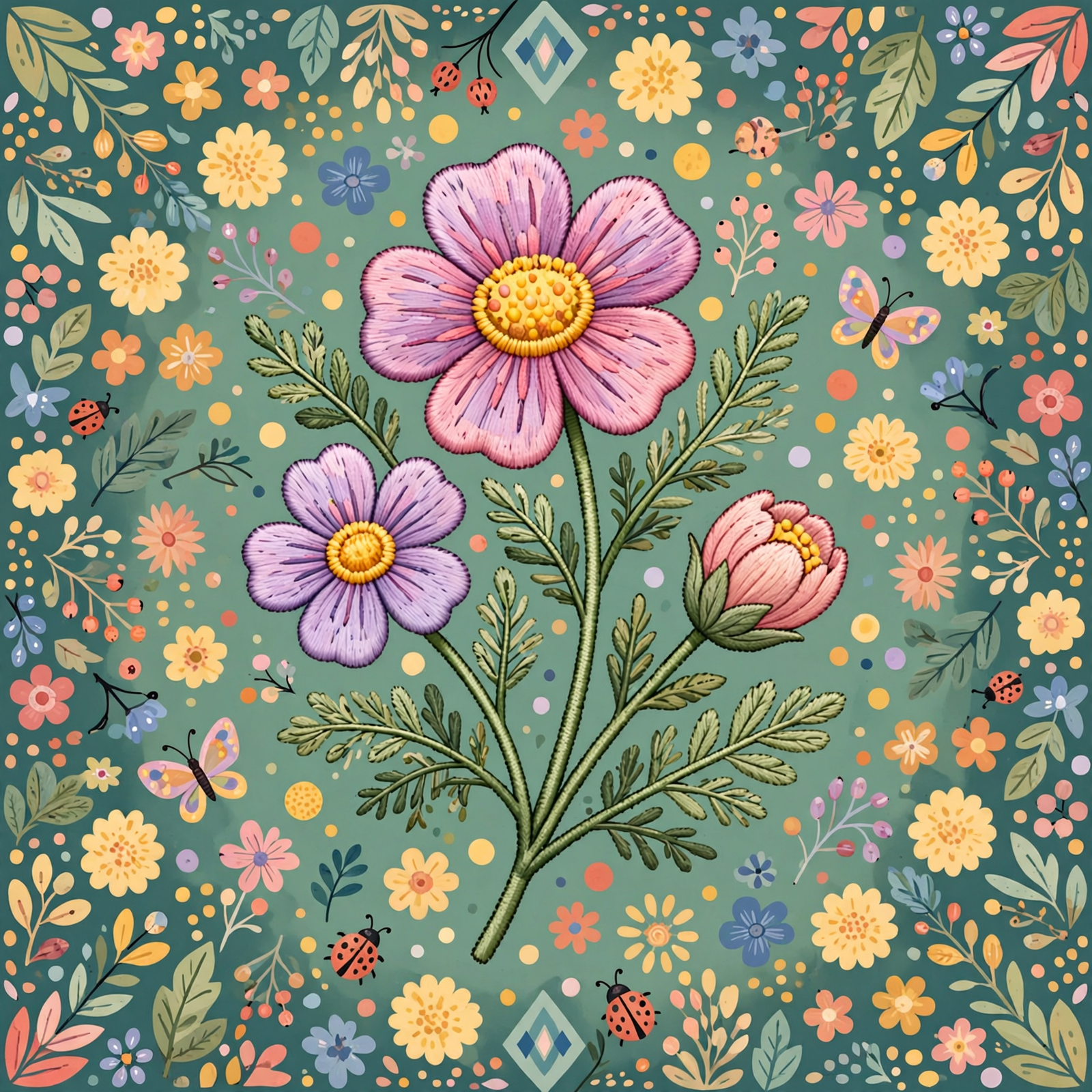 Whimsical forum avatar of pink wildflowers and smaller flowers with butterflies and ladybugs on a green, patterned background