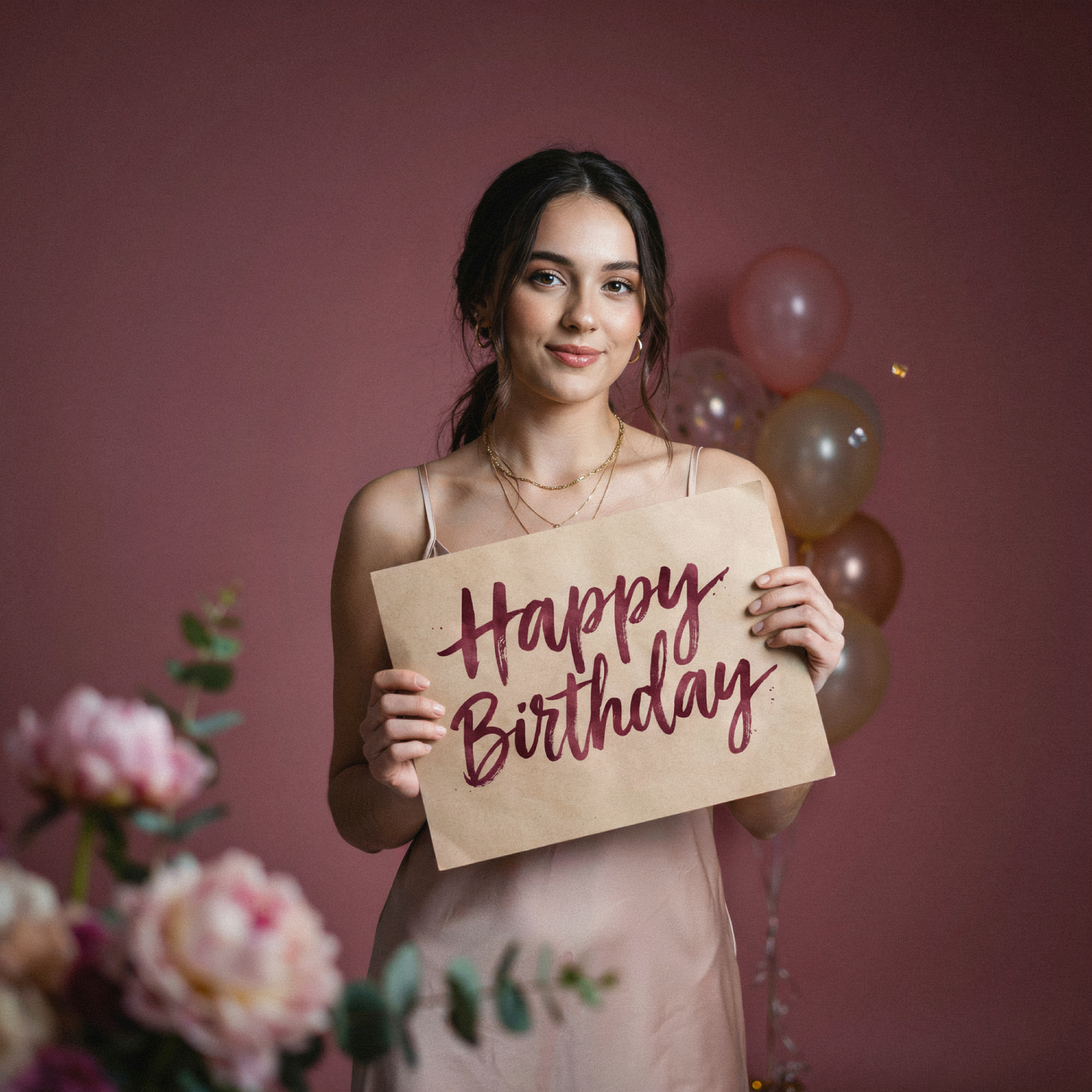 Forum avatar of a smiling woman holding a Happy Birthday sign, with balloons and soft-focus flowers in the background.
