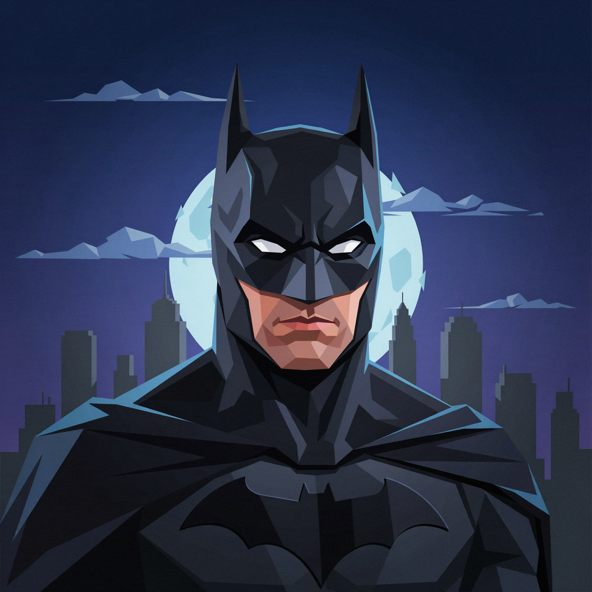 Stylized Batman superhero forum avatar: masked, stern caped figure with glowing eyes before a full moon and city skyline.