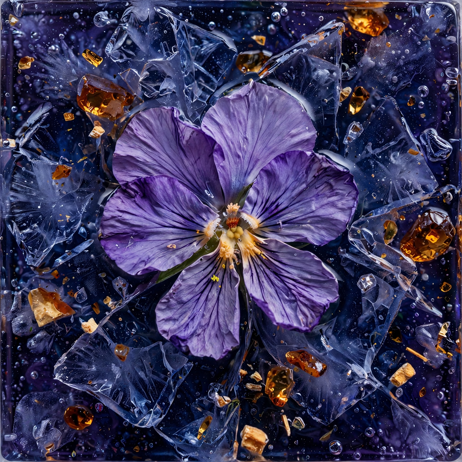 Forum avatar/pfp: close-up purple flower against a dark crystalline background with scattered amber-gold fragments.