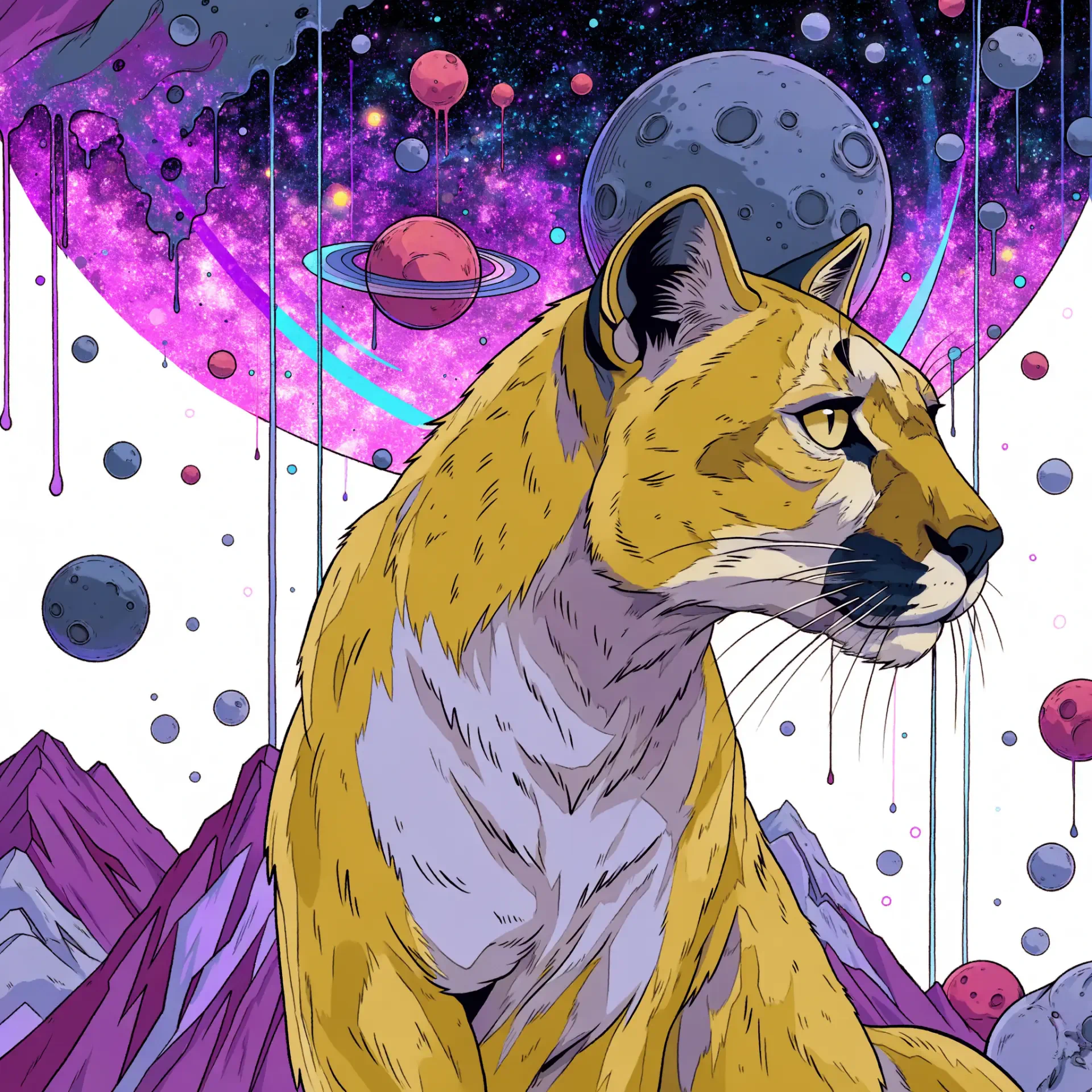 Stylized cougar portrait in cosmic space — big cat with golden fur framed by planets and a purple nebula, rendered as a bold forum avatar/profile photo.