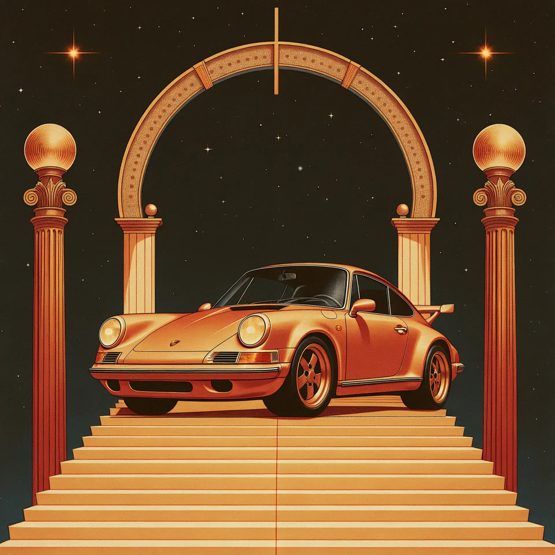 Vintage Porsche 911 sports car illustration on golden steps, framed by an ornate arch; a striking forum profile avatar.