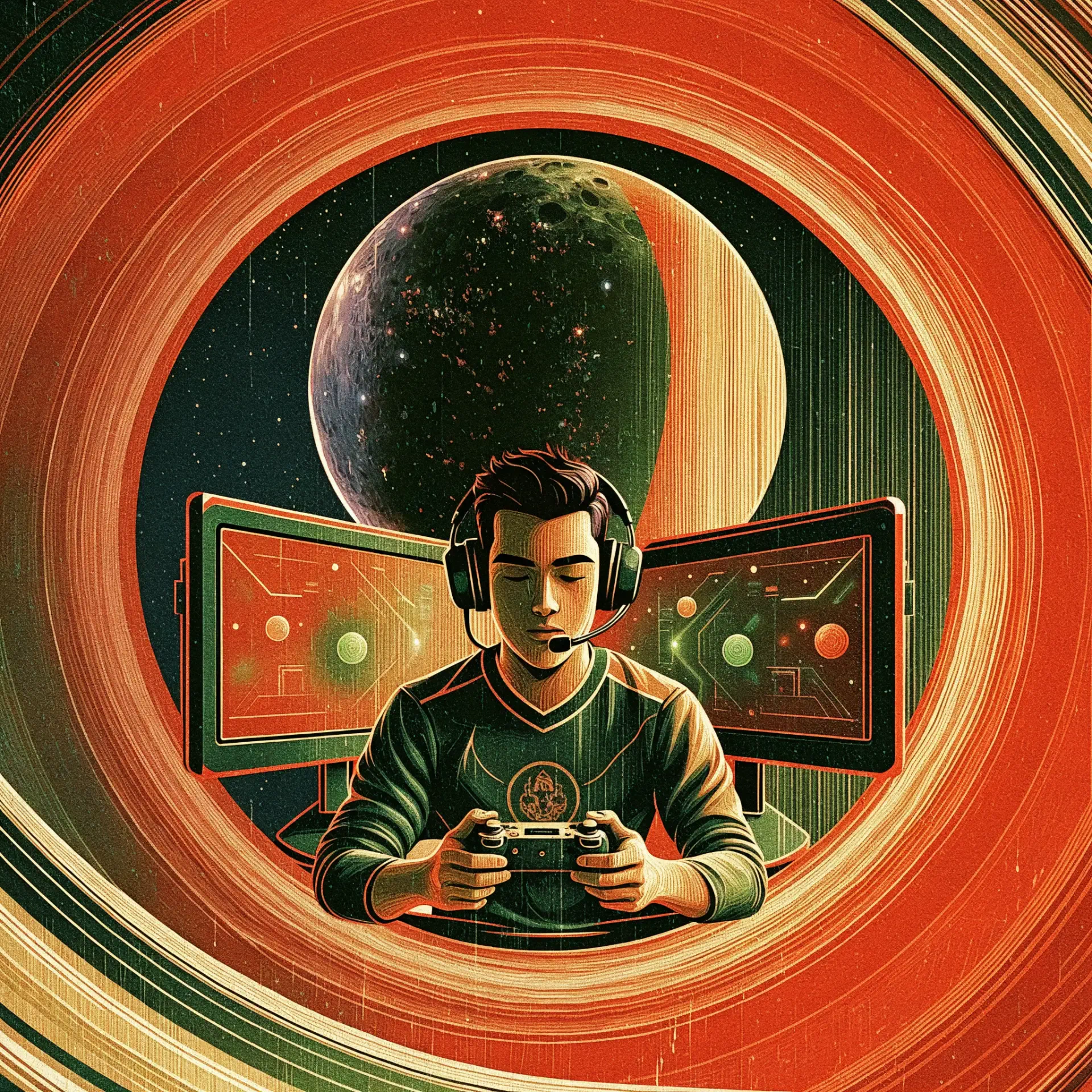 Esports gamer wearing headphones and playing a video game, framed by a glowing planet in a vivid forum profile avatar.