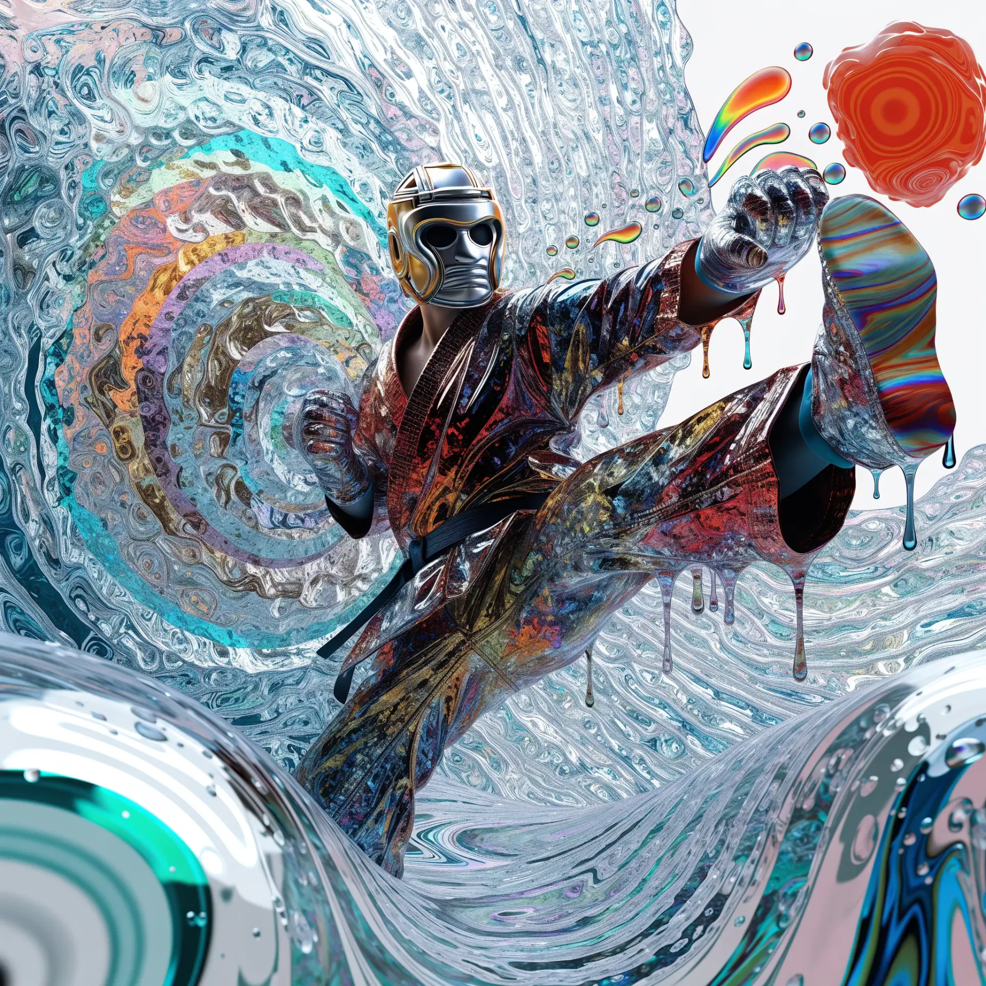 Abstract karate martial arts fighter kicking through swirling waves of color, a dynamic profile photo for a forum avatar.