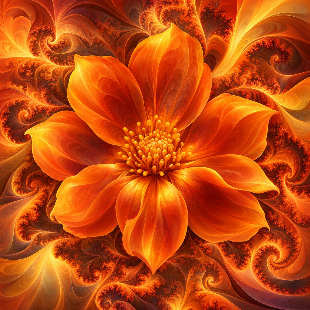 Abstract orange flower with glowing petals and swirling fractal details, a vivid floral profile picture.
